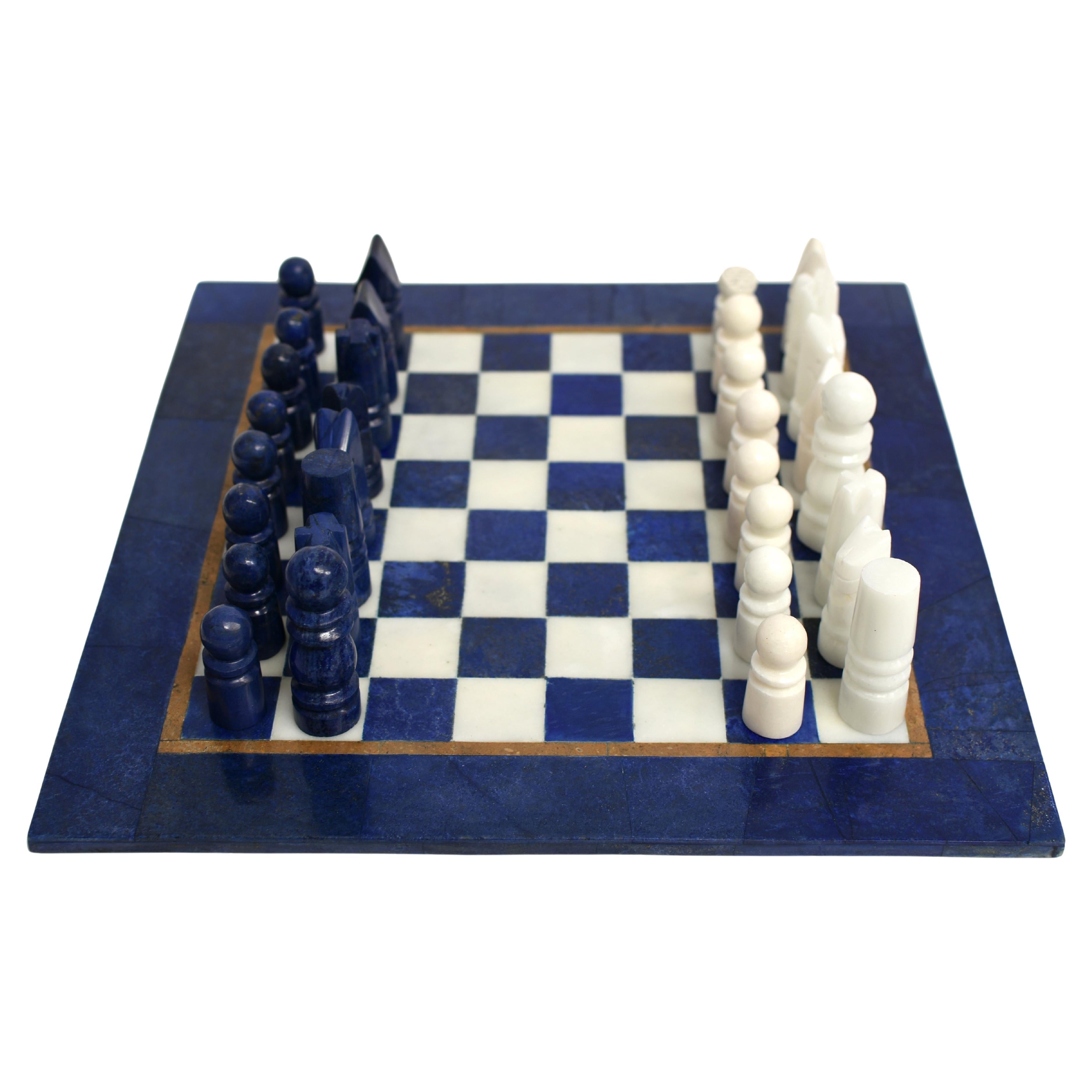Large Chess Set Gemstone Lapis and Marble 15.5" For Sale