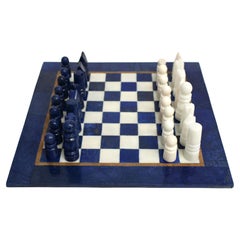 Large Chess Set Gemstone Lapis and Marble 15.5"