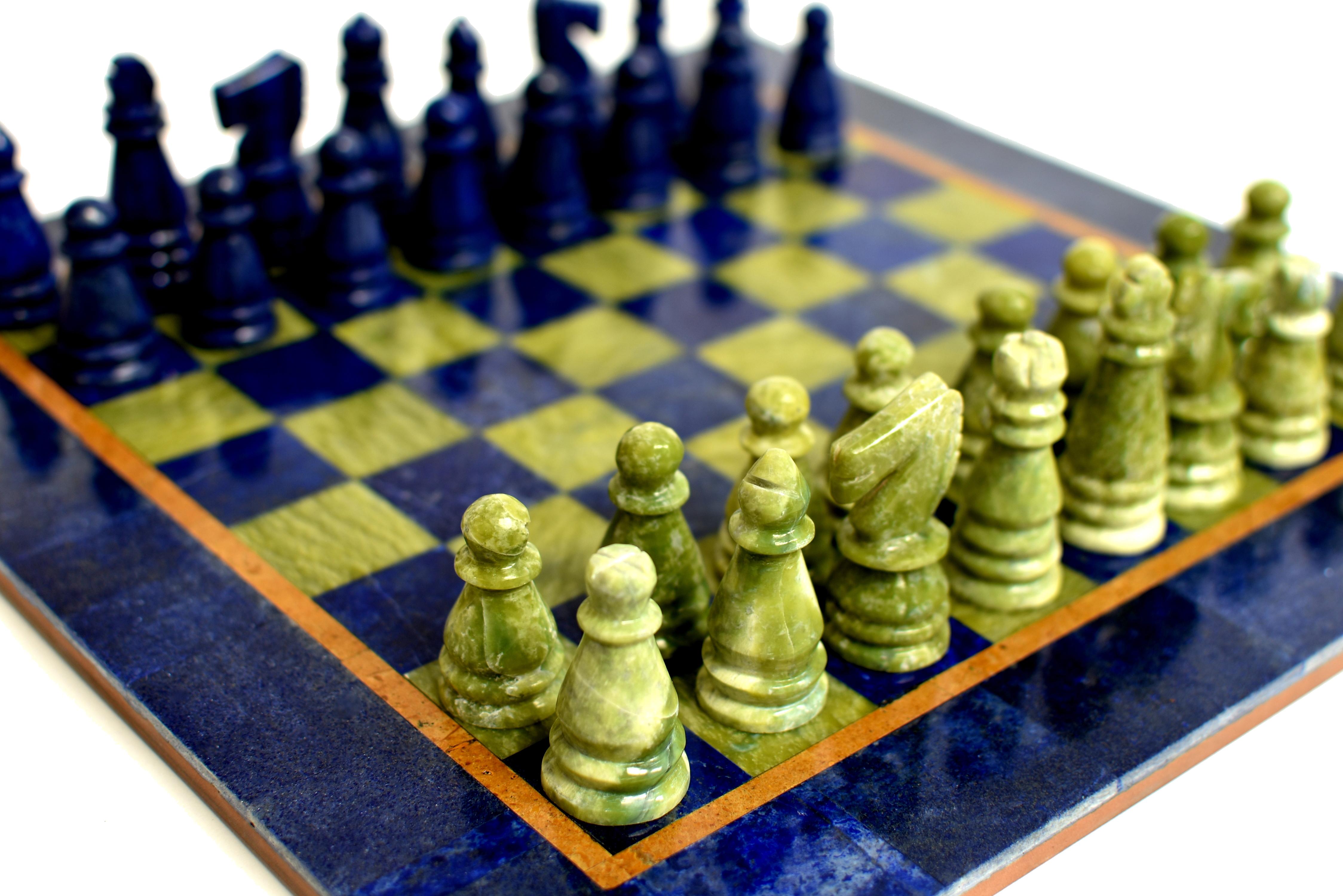 Large Chess Set Gemstone Lapis Serpentine 15.5