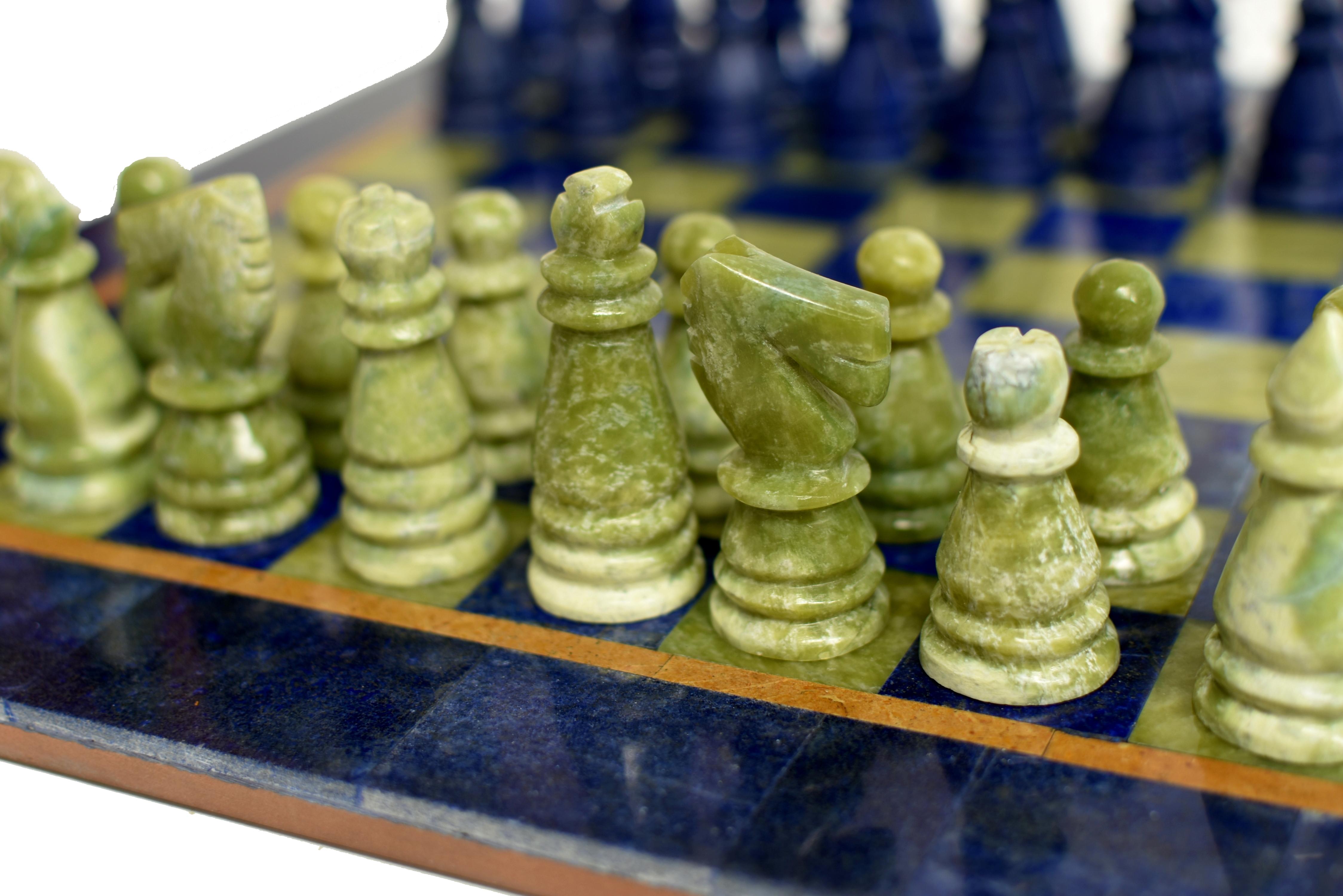 Contemporary Large Chess Set Gemstone Lapis Serpentine 15.5
