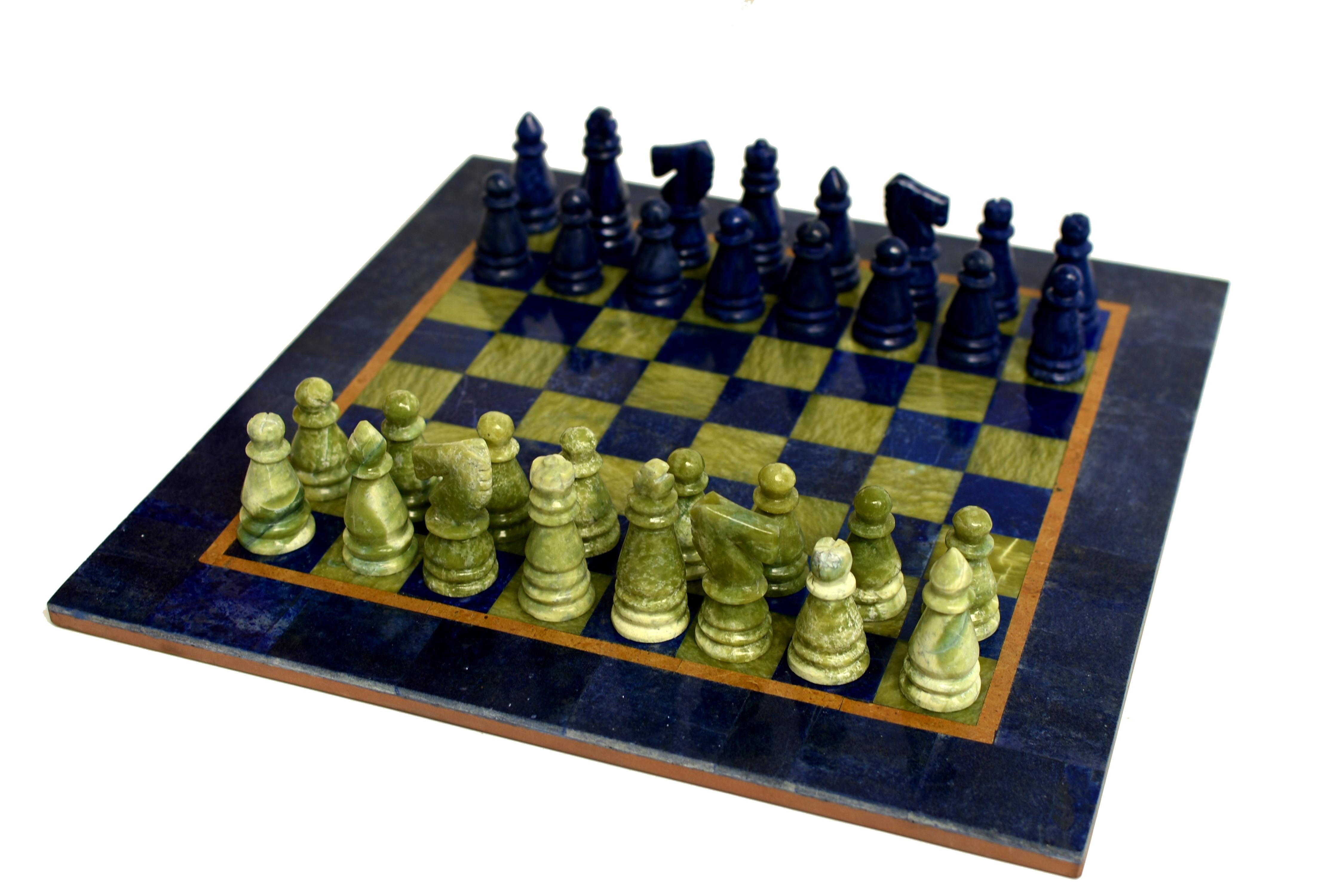 Large Chess Set Gemstone Lapis Serpentine 15.5