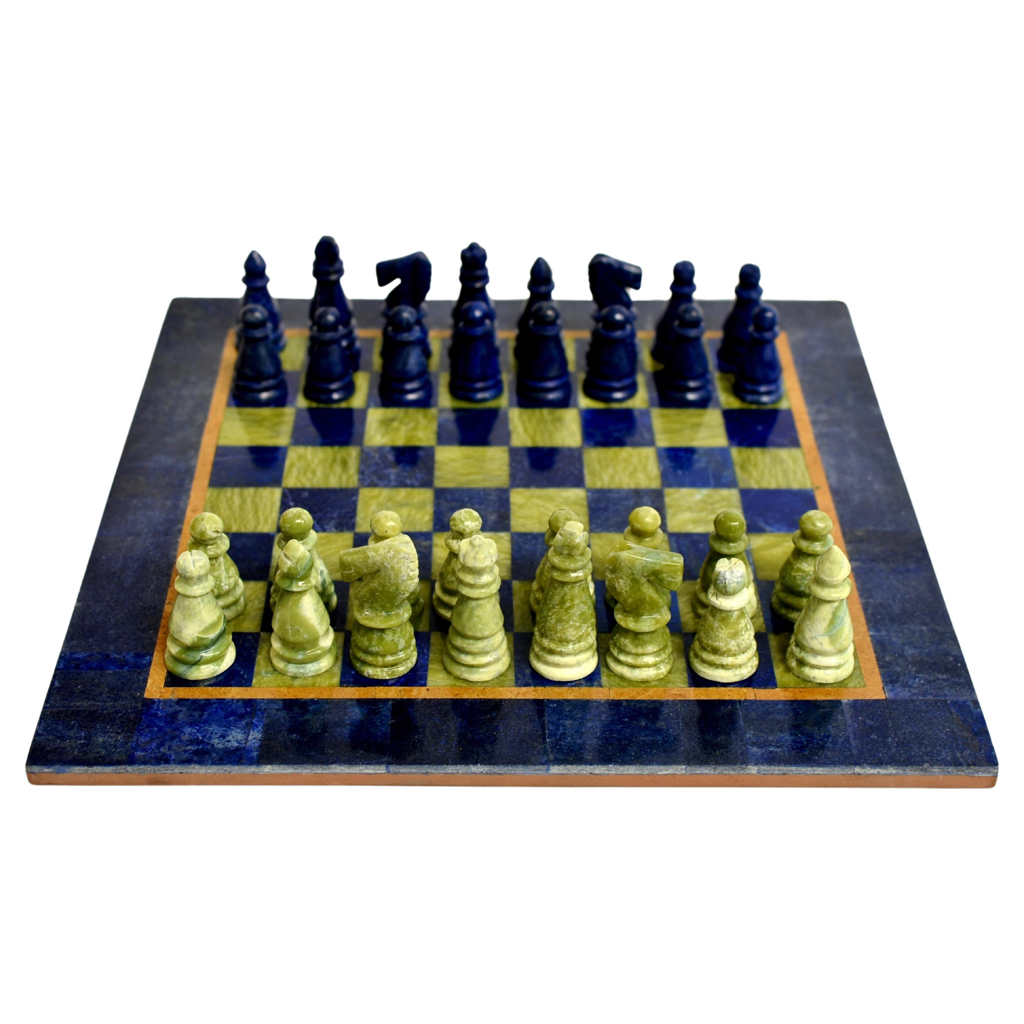 Large Chess Set Gemstone Lapis Serpentine 15.5" For Sale