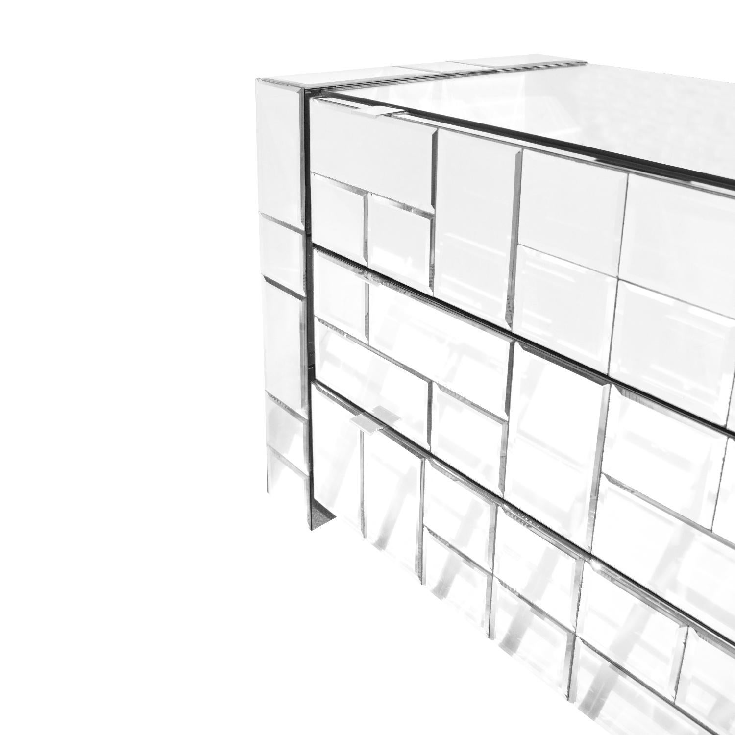 American Large Chest of Drawers in Tessellated Beveled Mirrored Glass, 1970s