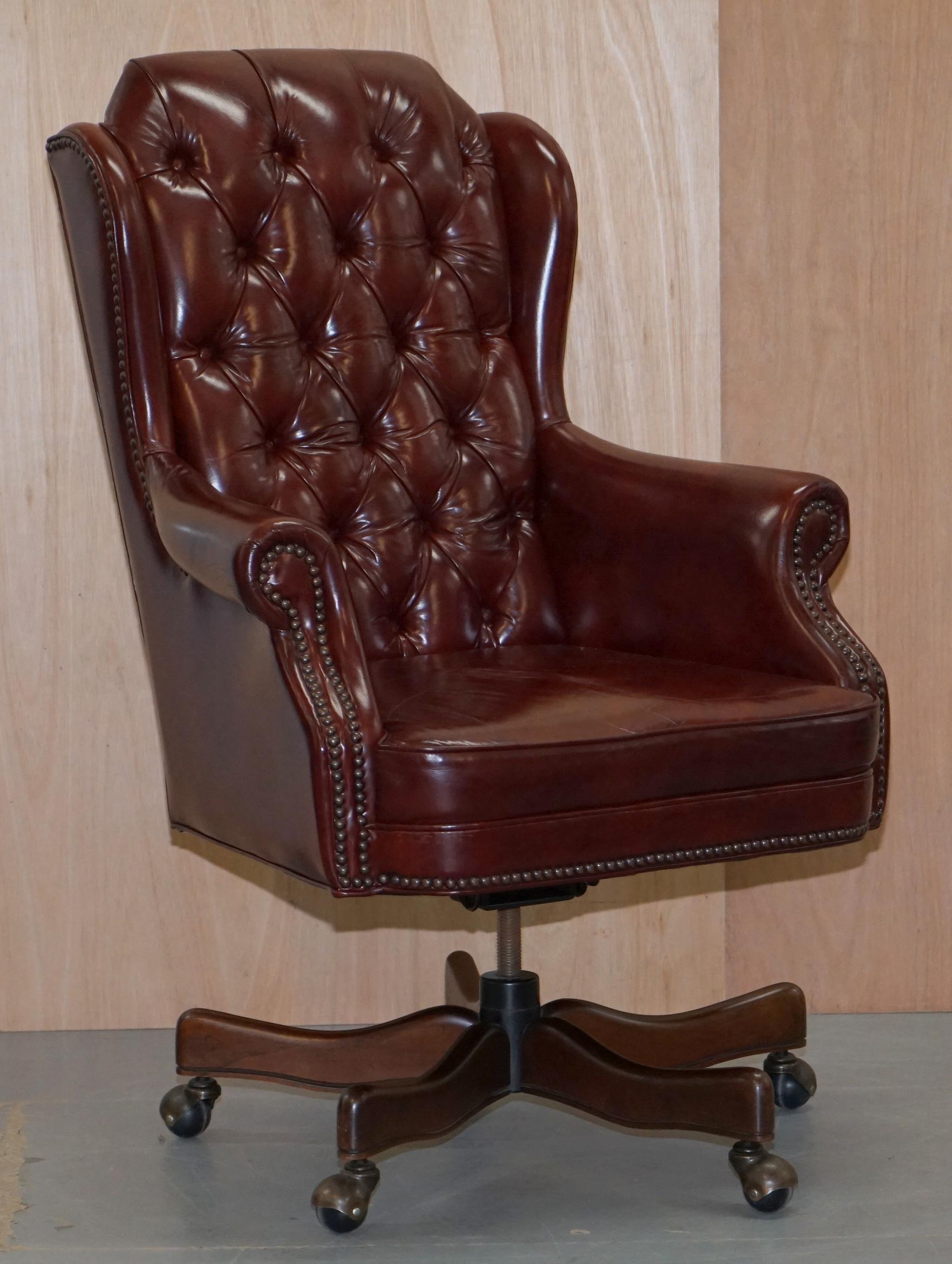 We are delighted to offer for sale this lovely oxblood leather wingback Chesterfield captains chair

Please note the delivery fee listed is just a guide and covers London only for domestic and local Europe only for international, for an accurate
