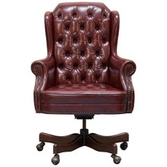 Antique Large Chesterfield Oxblood Leather Wing Back Directors Captains Office Chair