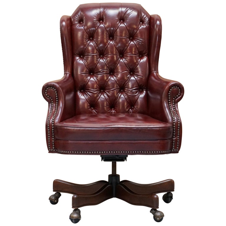 Large Chesterfield Oxblood Leather Wing, Leather Wingback Desk Chair