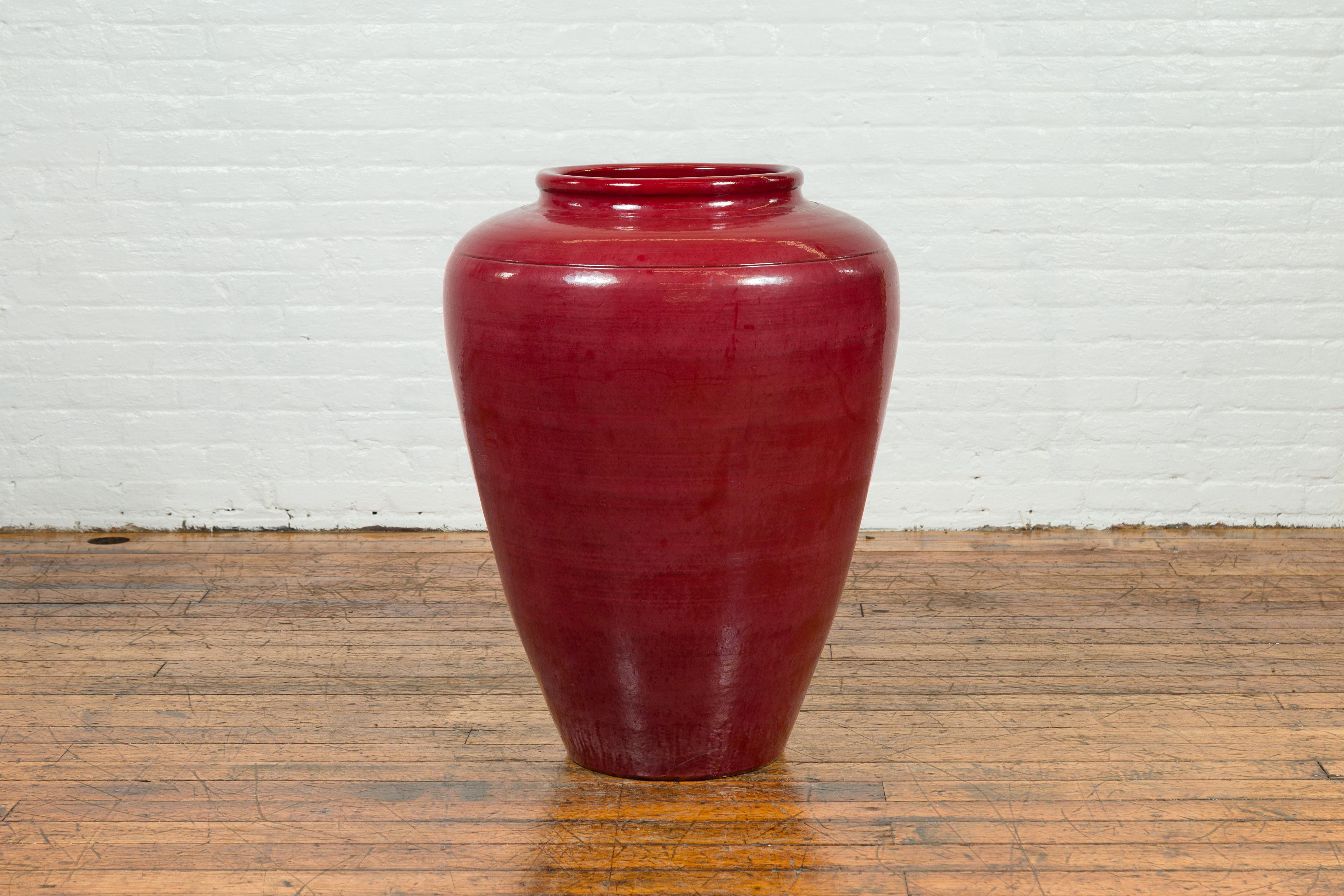 Glazed Large Chiang Mai Contemporary Oxblood Water Jar from Northern Thailand