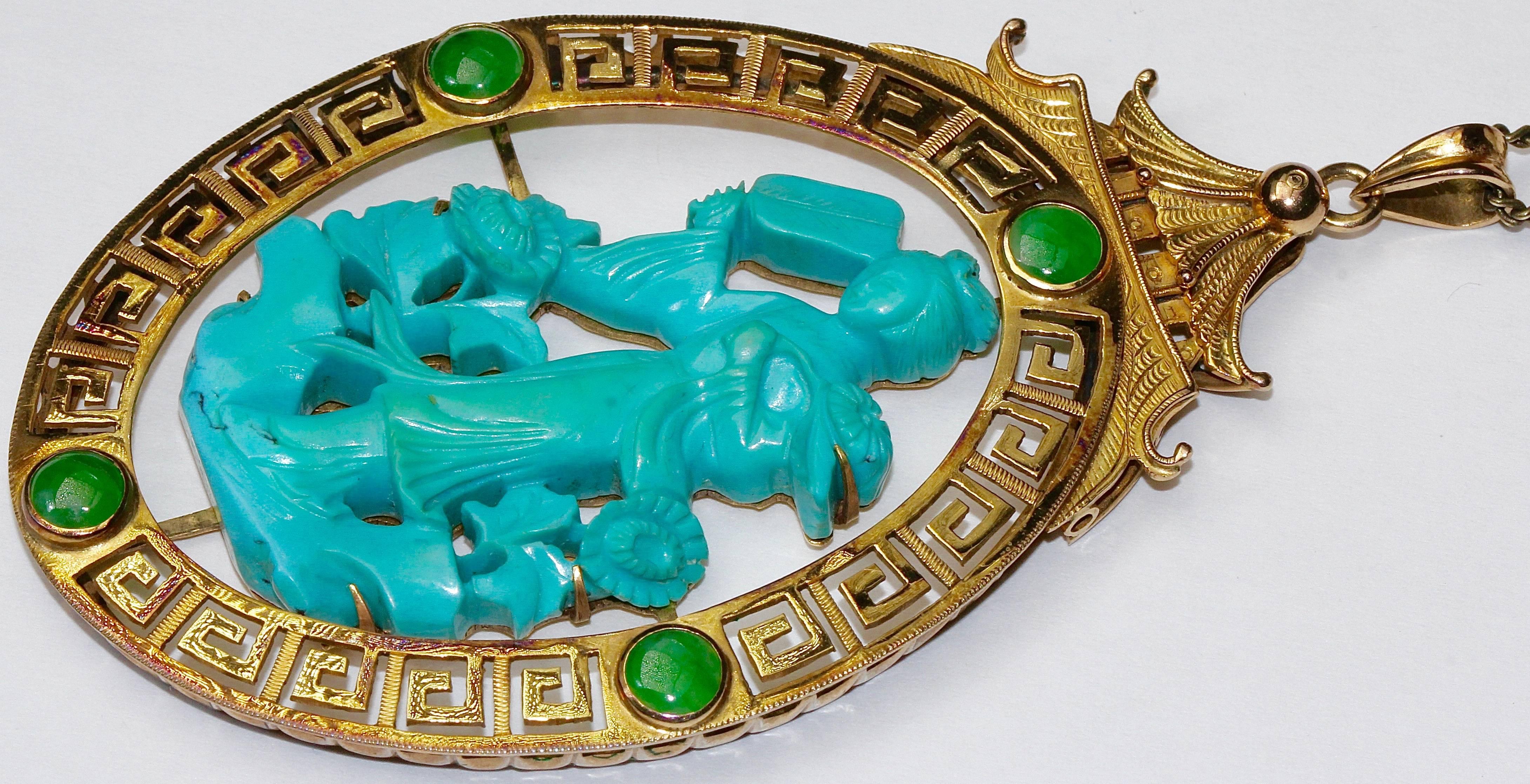 Large China Pagoda Gold Pendant, Enhancer with Turquoise Carving and Jade In Excellent Condition For Sale In Berlin, DE
