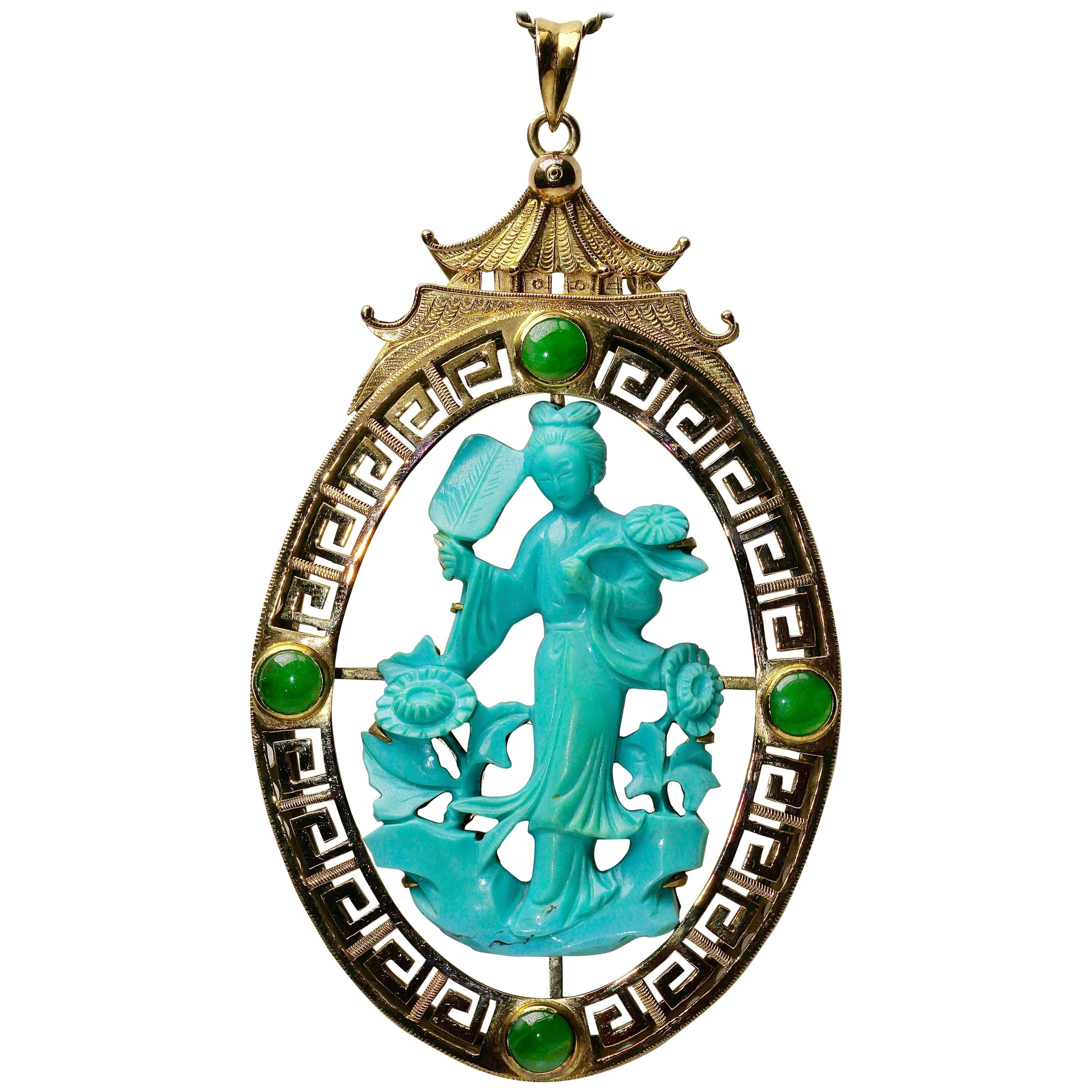 Large China Pagoda Gold Pendant, Enhancer with Turquoise Carving and Jade For Sale
