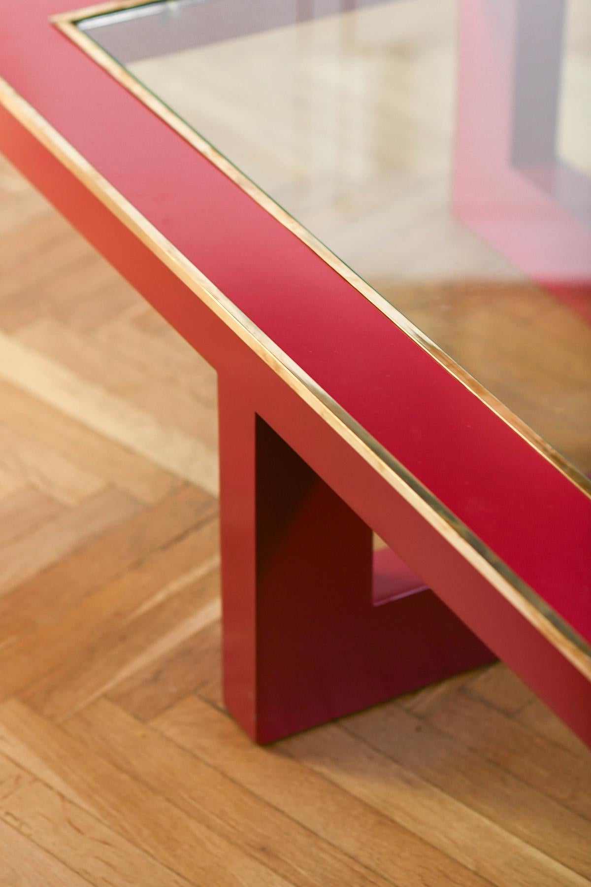 Italian Large China red lacquered coffee table with brass details. Italy, 1970s For Sale