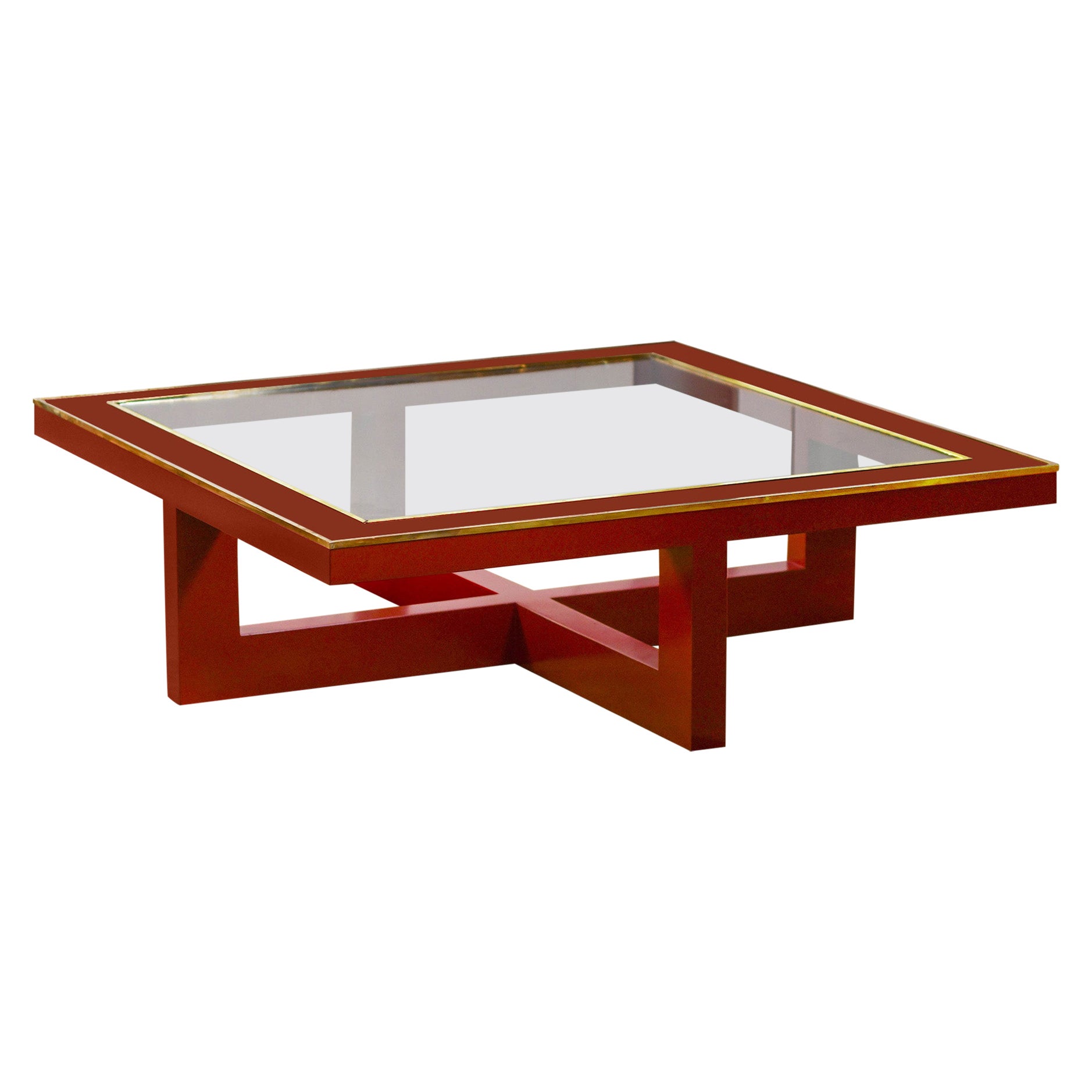 Large China red lacquered coffee table with brass details. Italy, 1970s