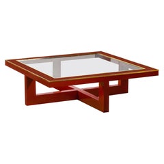 Large China red lacquered coffee table with brass details. Italy, 1970s