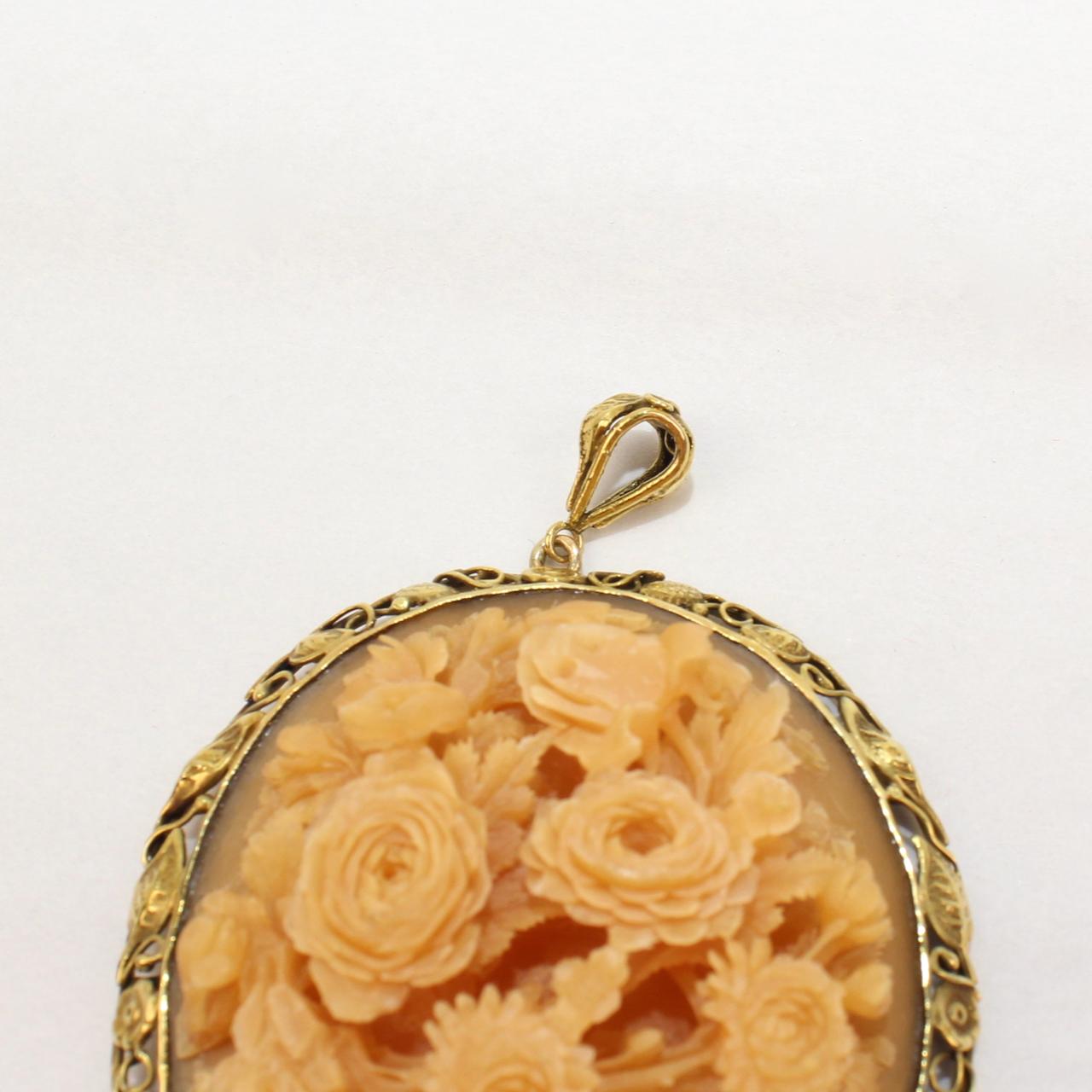 Large Chinese 14 Karat Gold and Carved Horn Floral Relief Pendant 5