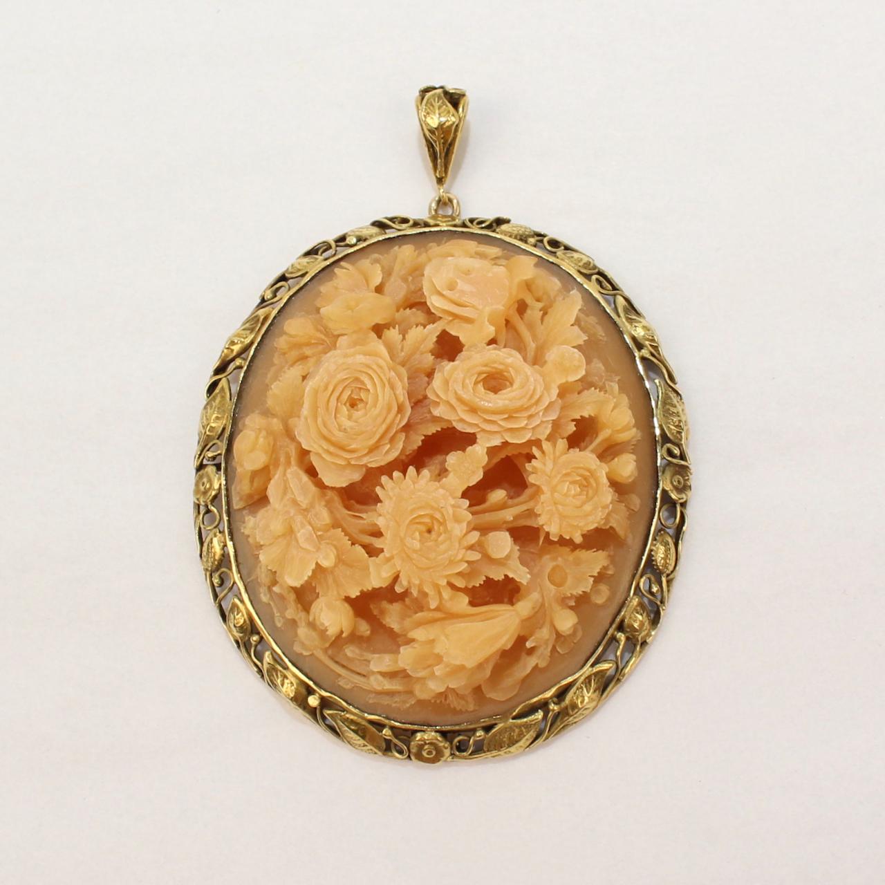 Large Chinese 14 Karat Gold and Carved Horn Floral Relief Pendant 7