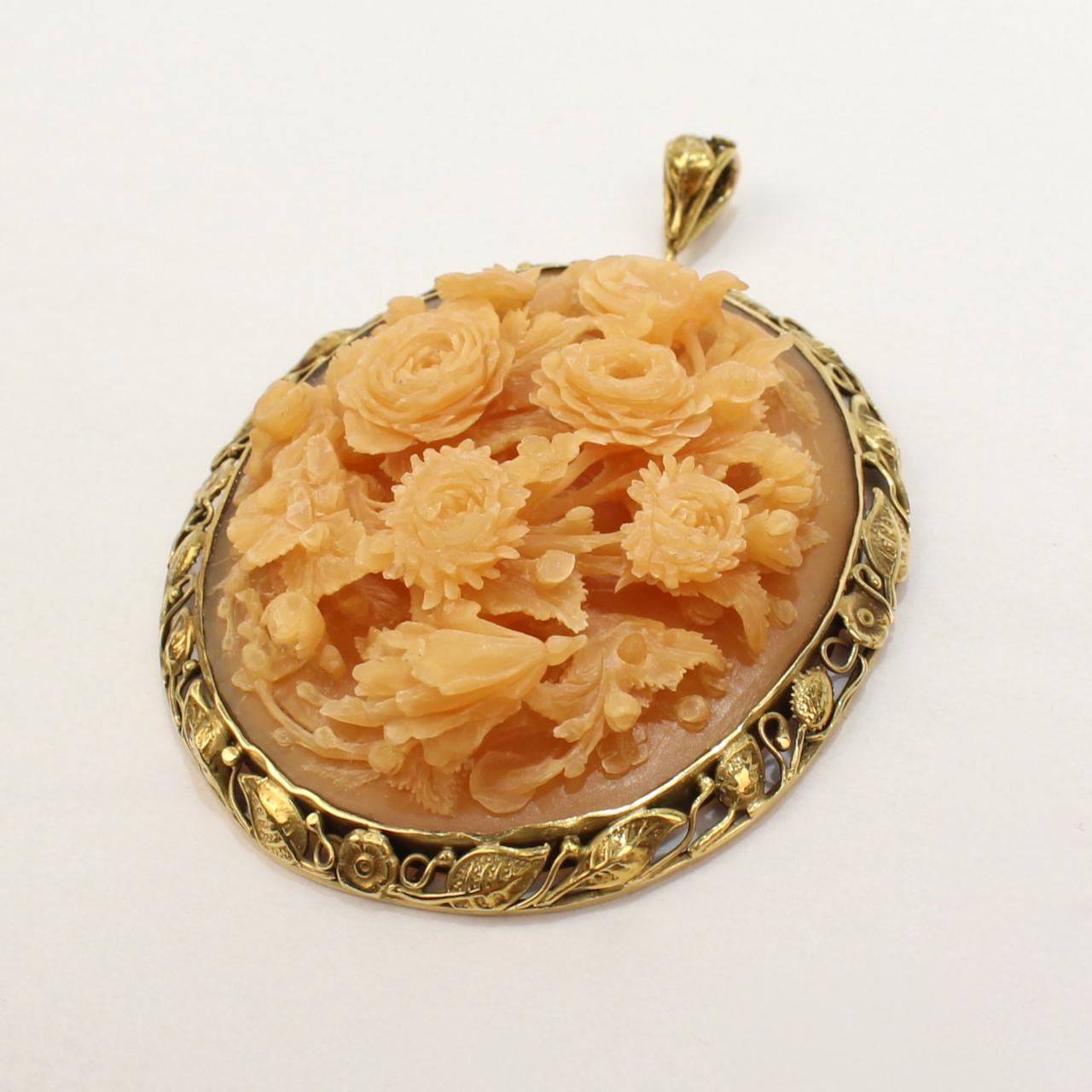 Victorian Large Chinese 14 Karat Gold and Carved Horn Floral Relief Pendant
