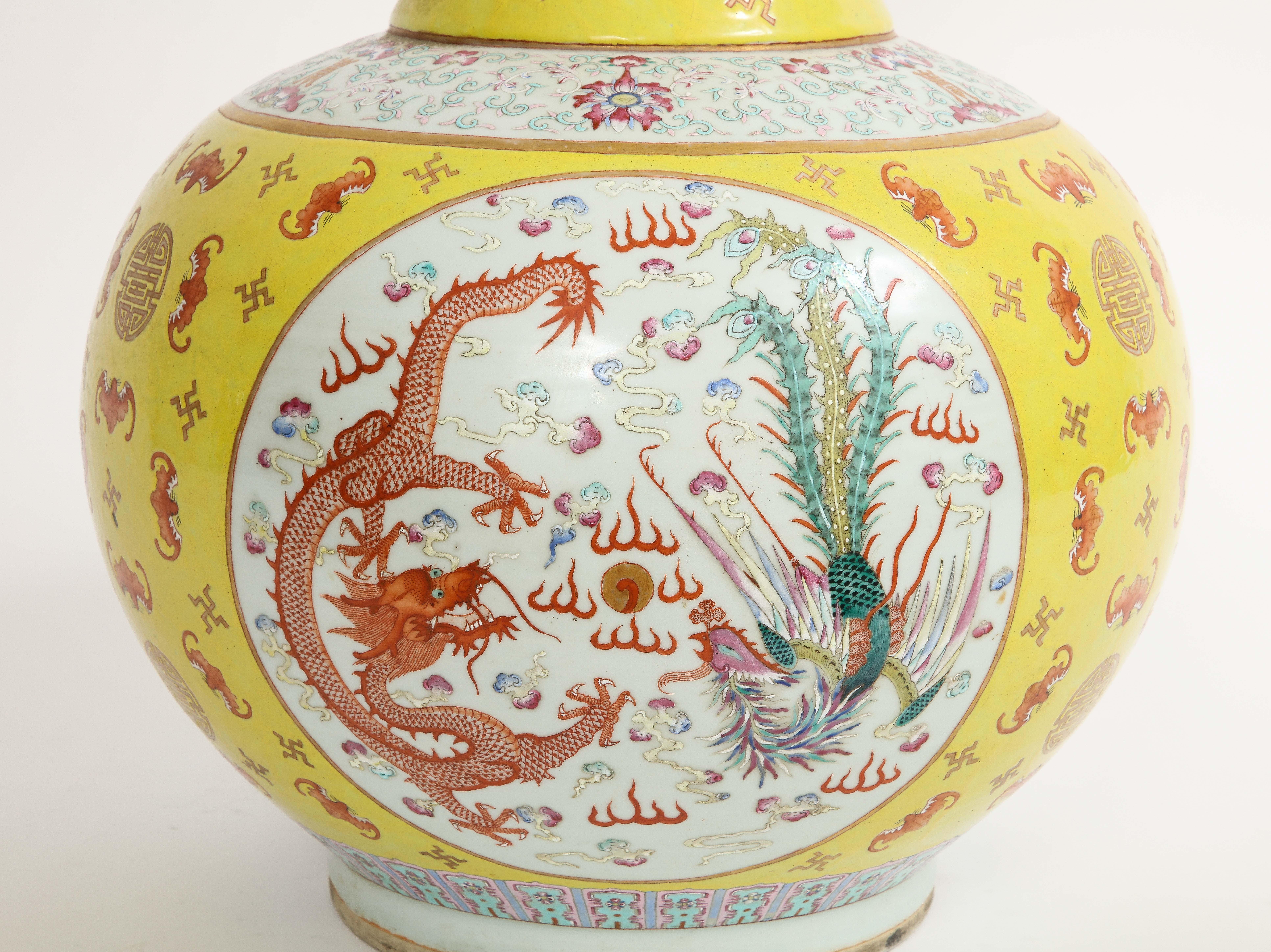 Large Chinese 19th C Yellow-Ground Famille-Rose 'Dragon & Phoenix' Vase, Guangxu 3