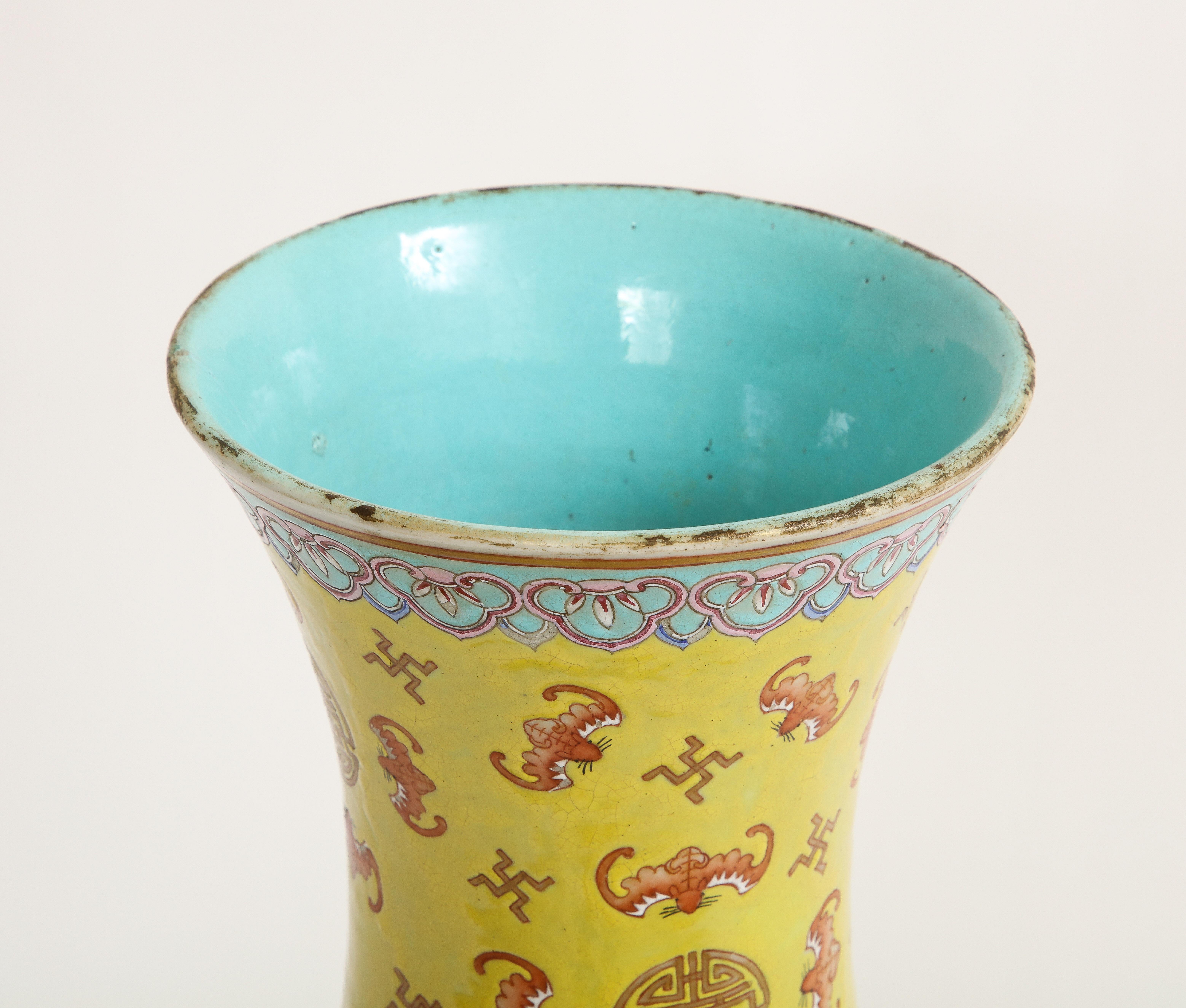 Large Chinese 19th C Yellow-Ground Famille-Rose 'Dragon & Phoenix' Vase, Guangxu For Sale 9