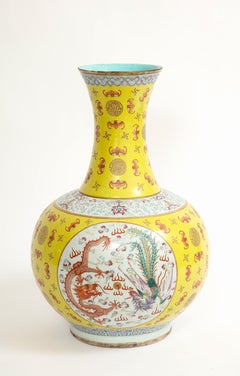 Large Chinese 19th C Yellow-Ground Famille-Rose 'Dragon & Phoenix' Vase, Guangxu