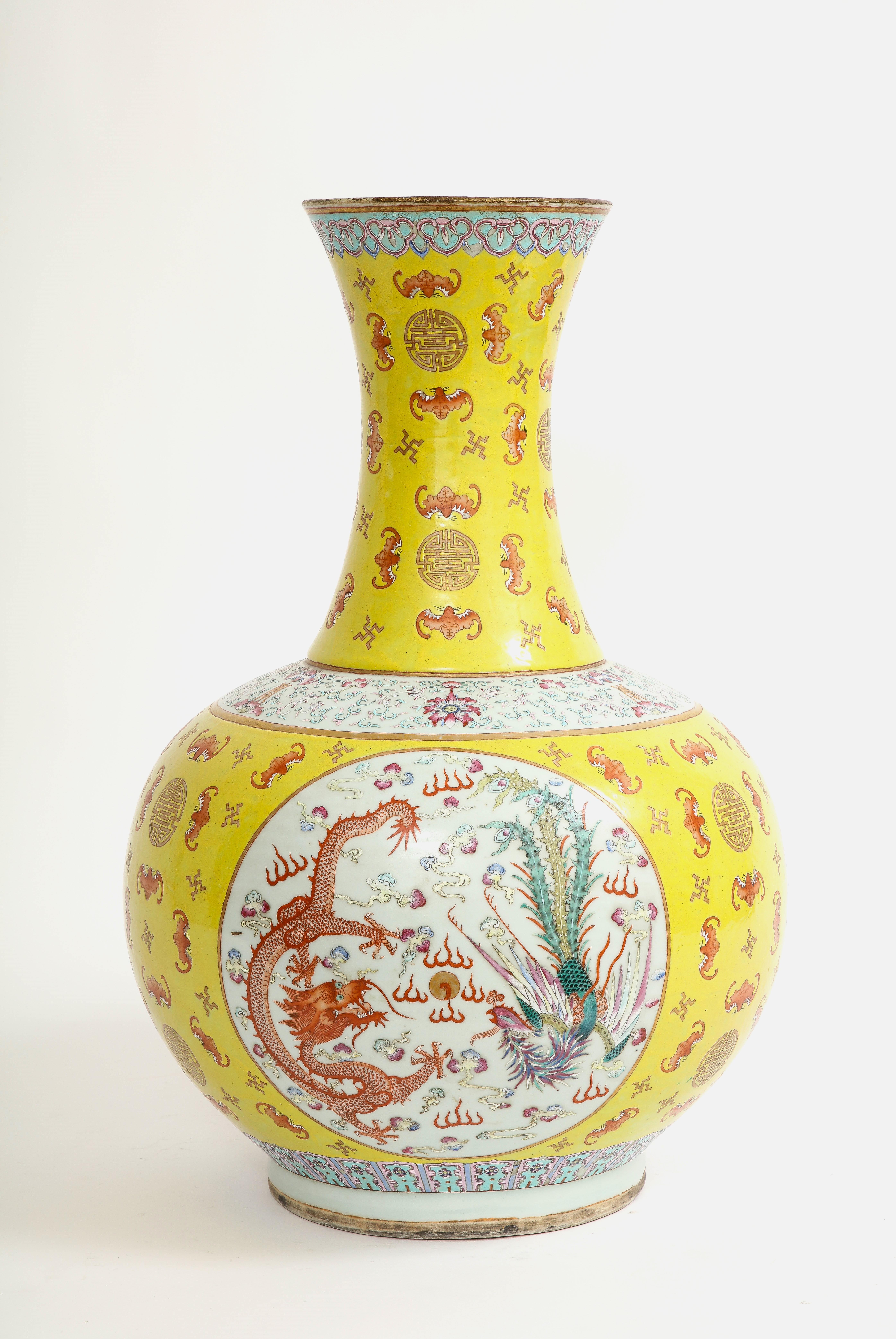 Qing Large Chinese 19th C Yellow-Ground Famille-Rose 'Dragon & Phoenix' Vase, Guangxu For Sale