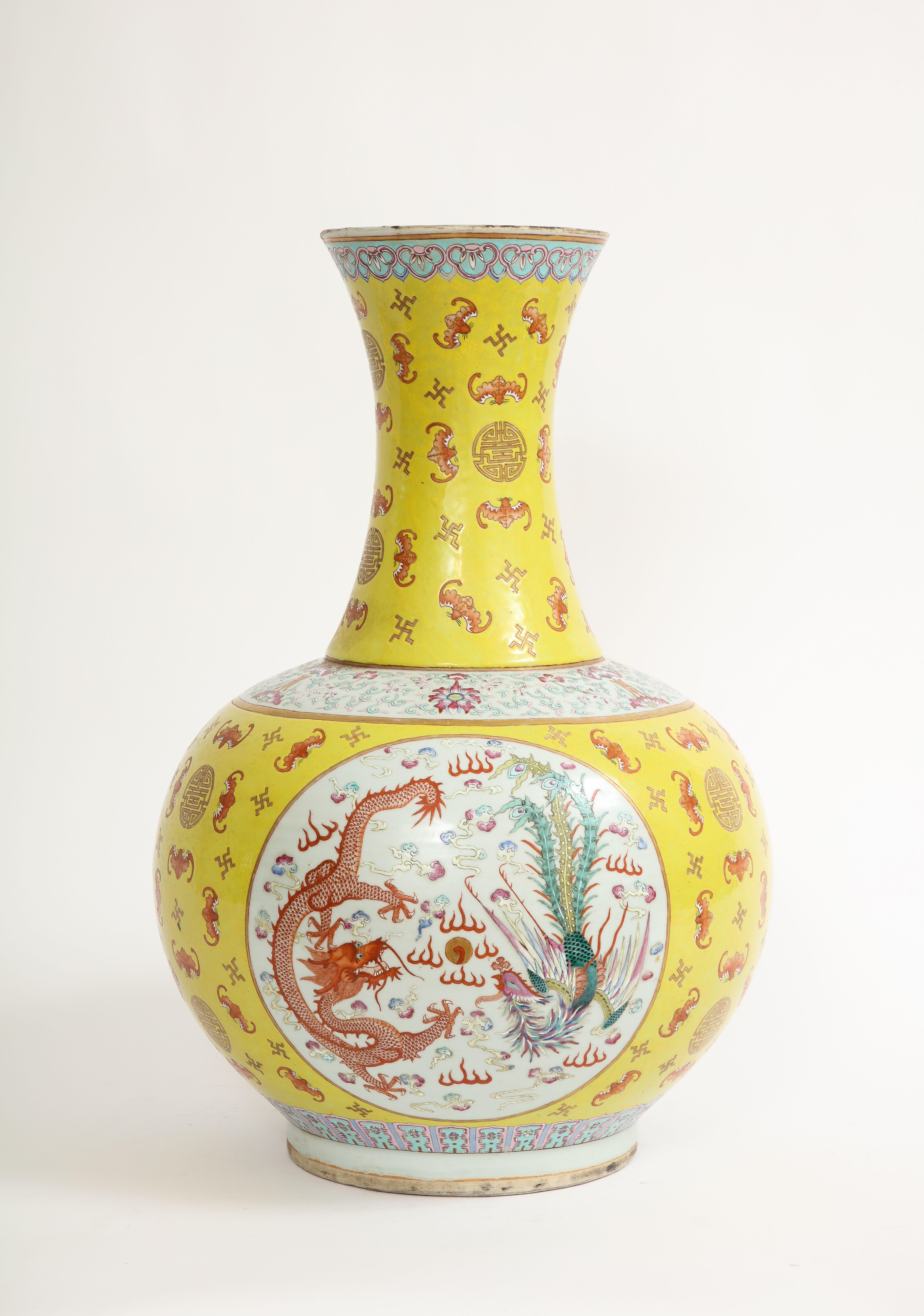 Gilt Large Chinese 19th C Yellow-Ground Famille-Rose 'Dragon & Phoenix' Vase, Guangxu For Sale