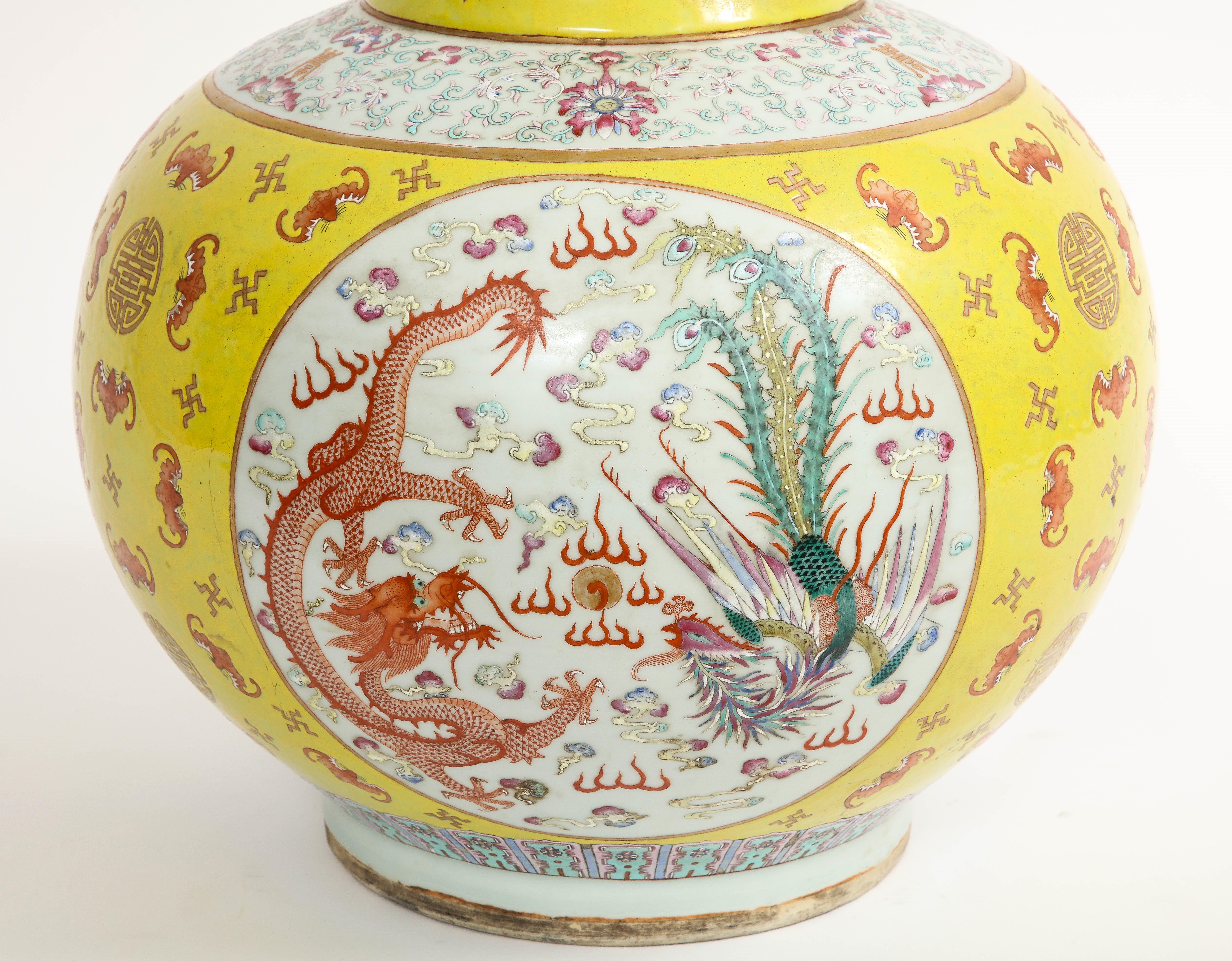 Porcelain Large Chinese 19th C Yellow-Ground Famille-Rose 'Dragon & Phoenix' Vase, Guangxu