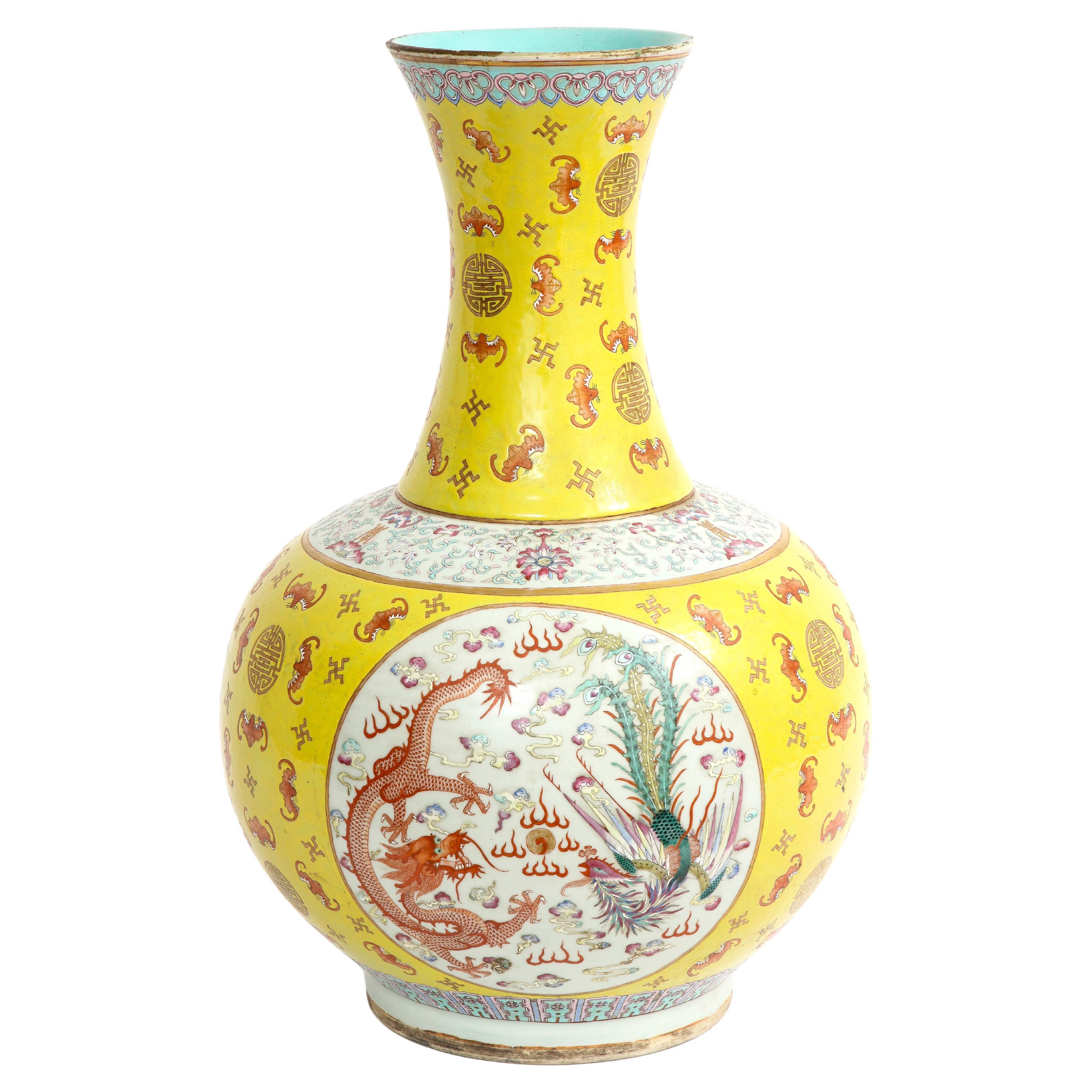 Large Chinese 19th C Yellow-Ground Famille-Rose 'Dragon & Phoenix' Vase, Guangxu For Sale