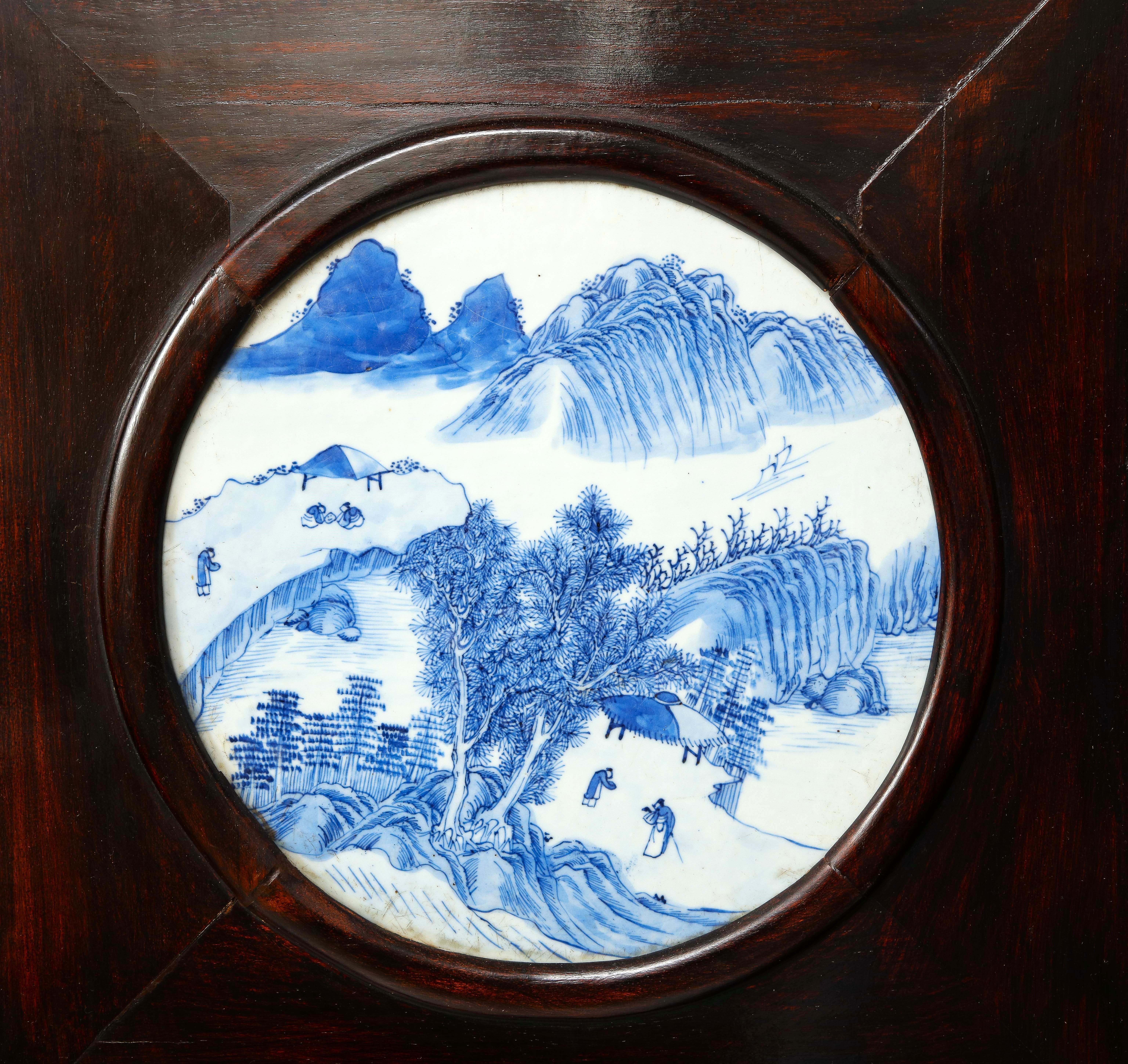 Large Chinese 4-Fold Hardwood Screen inset with Blue & White Porcelain Plaques For Sale 5