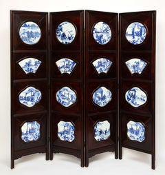 Large Chinese 4-Fold Hardwood Screen inset with Blue & White Porcelain Plaques
