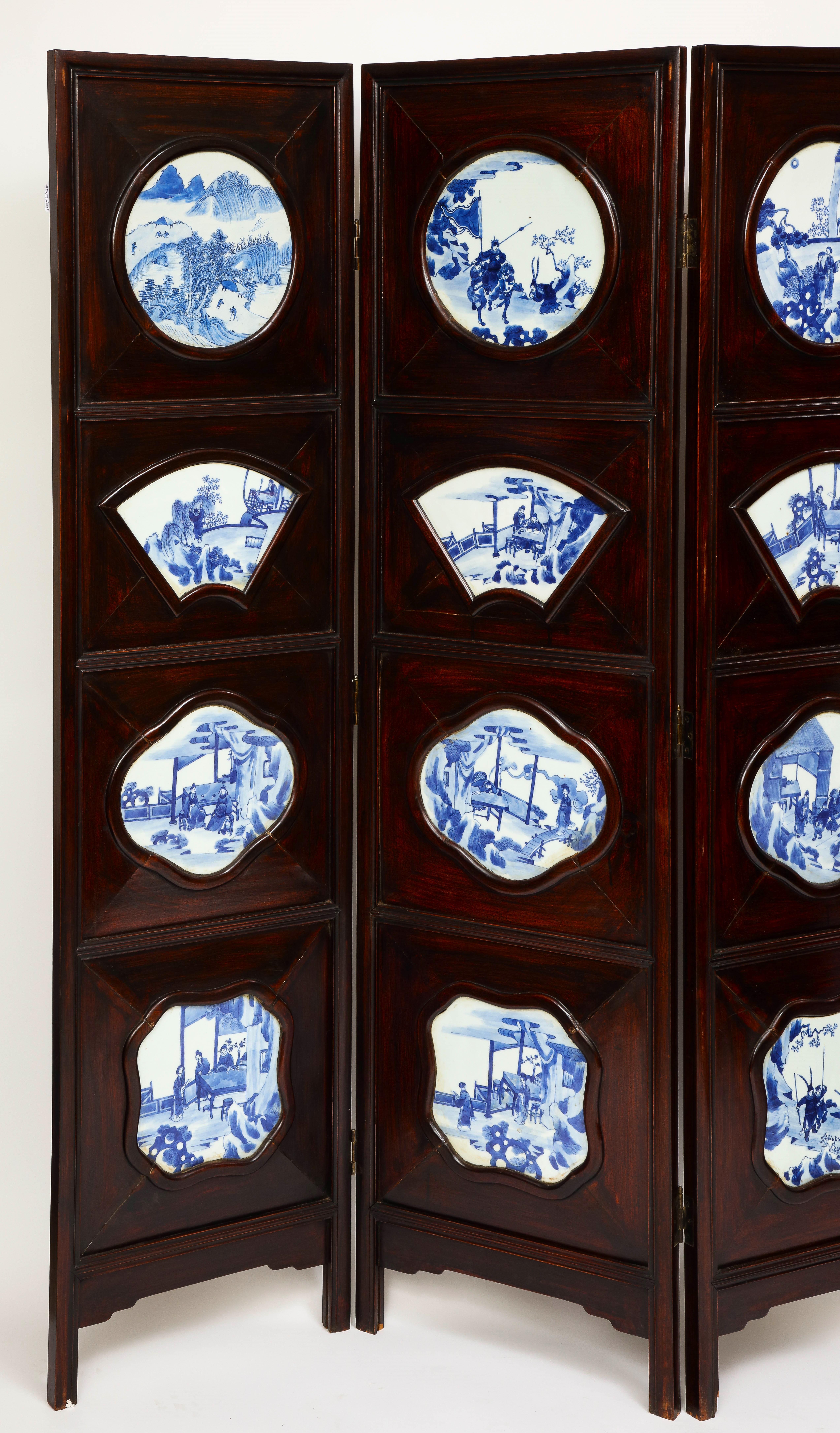 Qing Large Chinese 4-Fold Hardwood Screen inset with Blue & White Porcelain Plaques For Sale