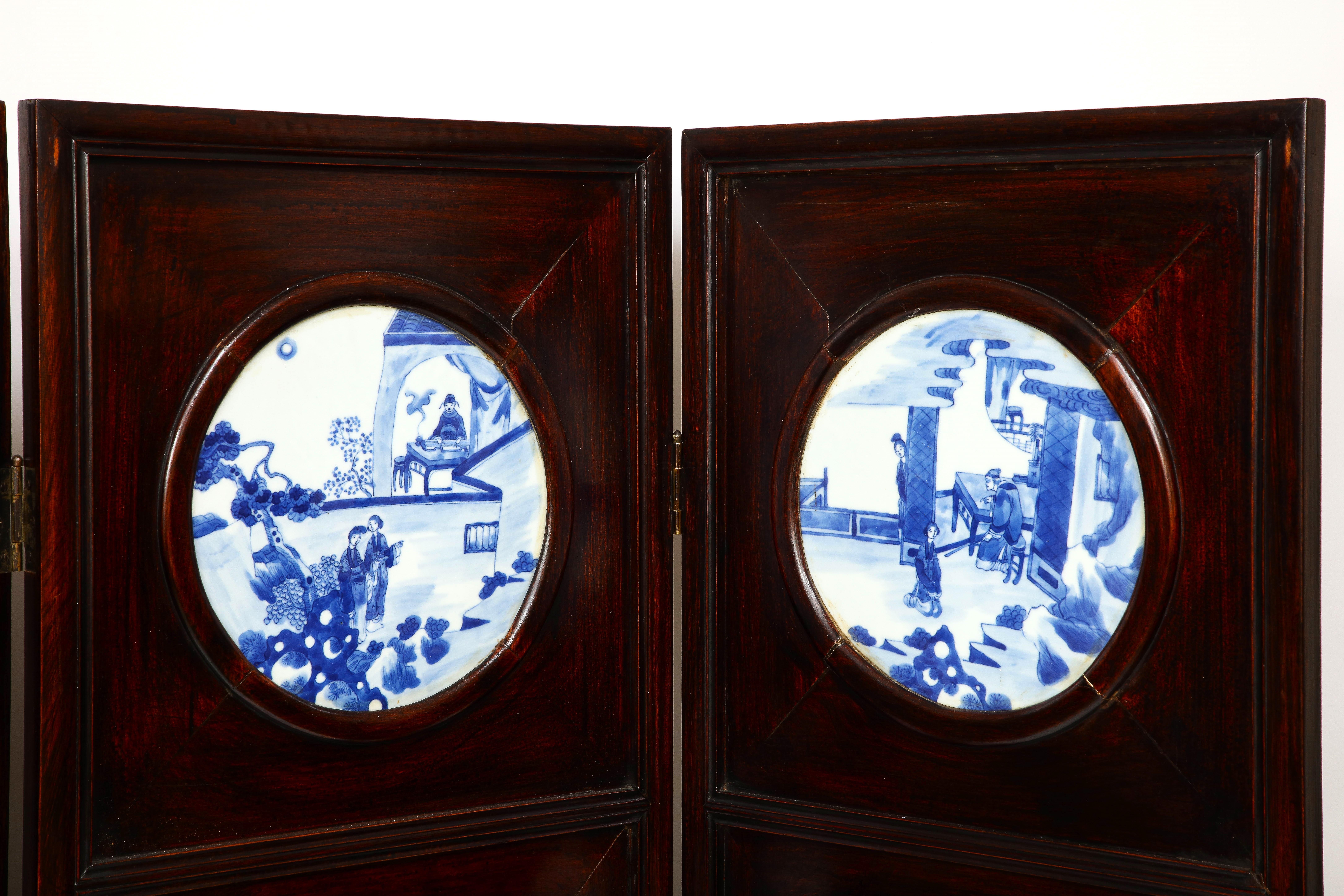 Large Chinese 4-Fold Hardwood Screen inset with Blue & White Porcelain Plaques For Sale 1