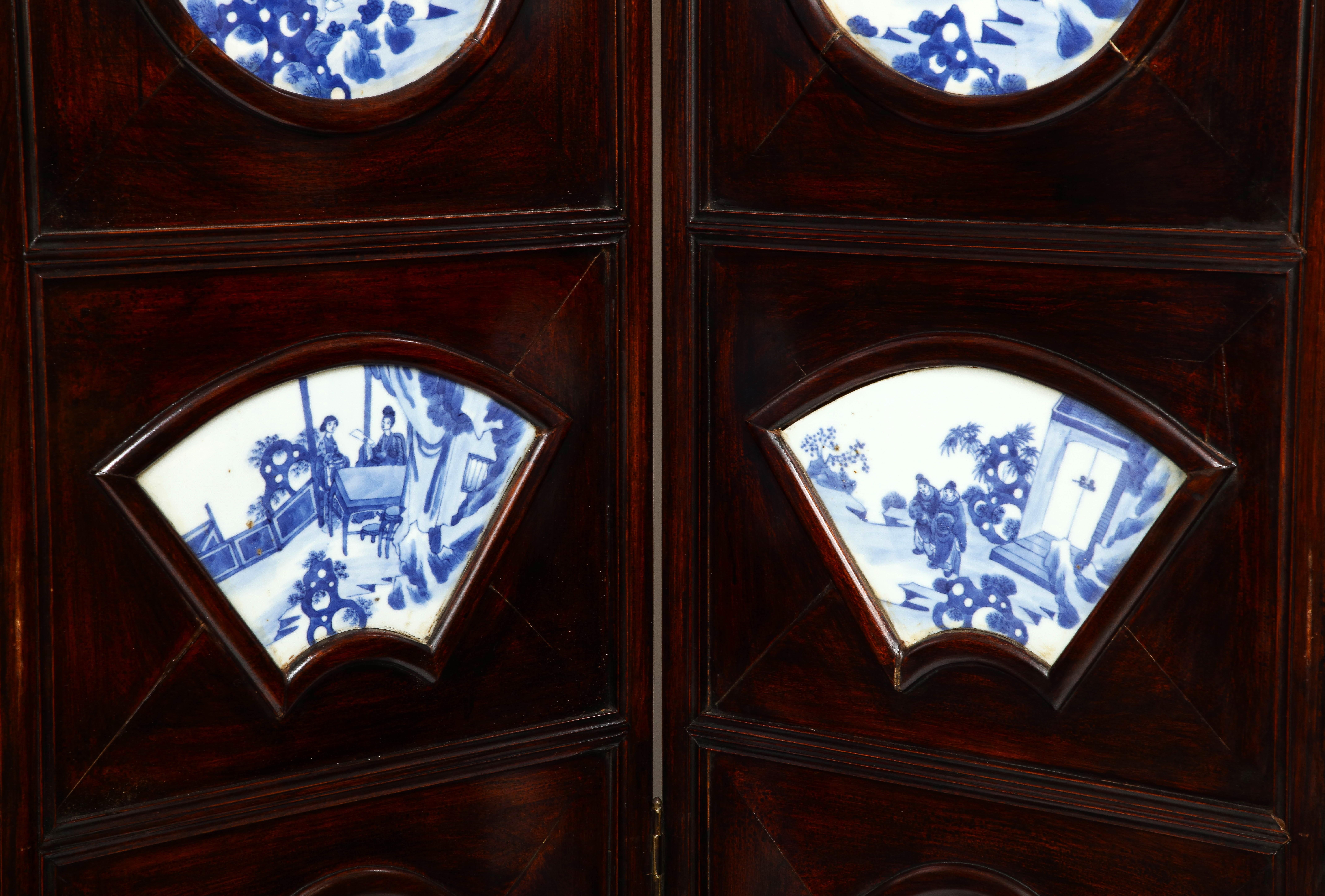 Large Chinese 4-Fold Hardwood Screen inset with Blue & White Porcelain Plaques For Sale 2