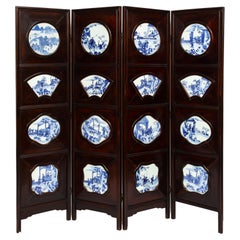 Large Chinese 4-Fold Hardwood Screen inset w/ Blue & White Porcelain Plaques