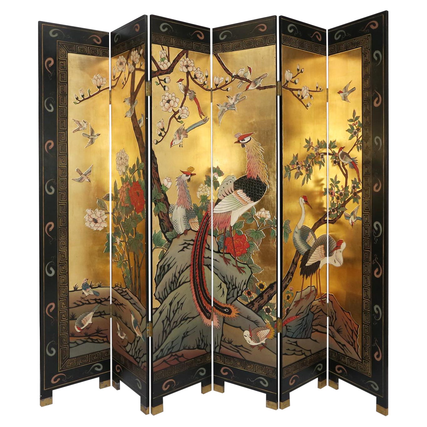 Large Chinese 6 Panel Gold Leaf and Black Lacquer Folding Screen/Room Divider For Sale