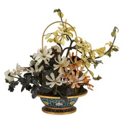 Large Chinese Agate and Nephrite Flower Model in a Cloisonné Enamel Basket