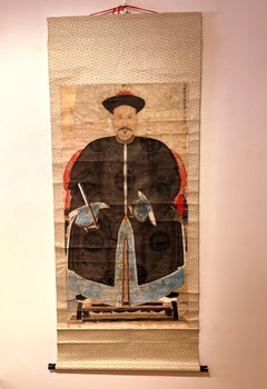 Large Chinese Ancestor Portrait Hanging Scroll Painting