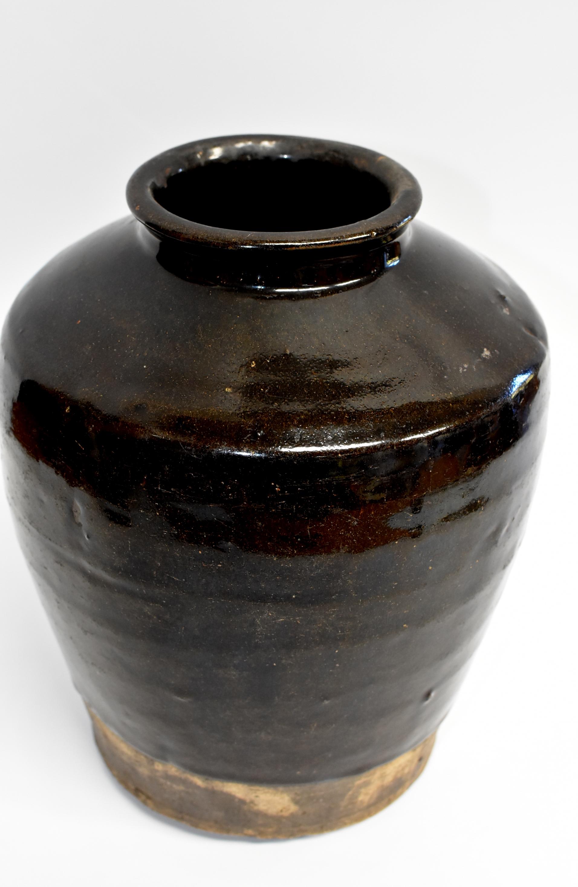 Glazed Large Chinese Antique Black Jar, High Shoulder