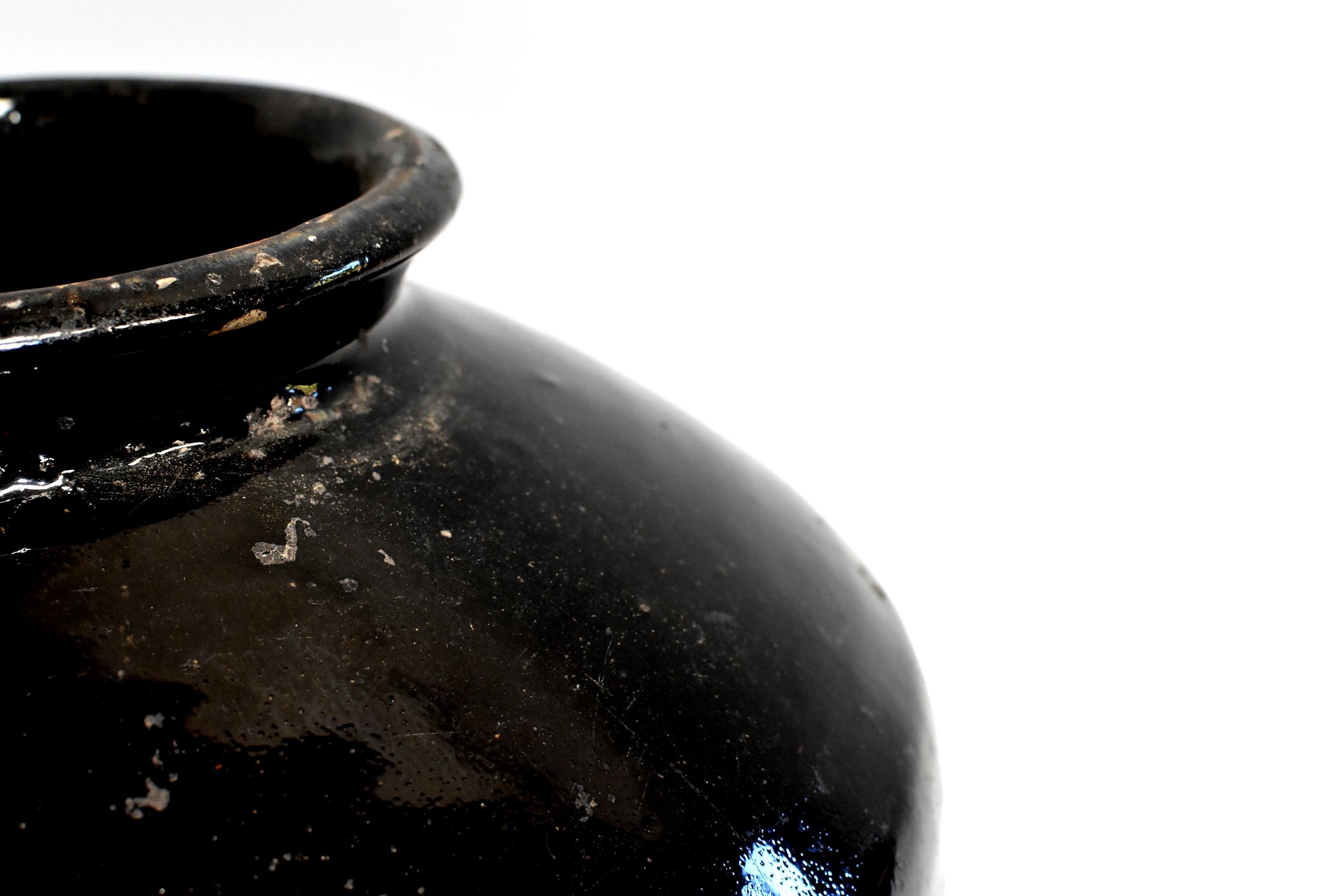 Large Chinese Antique Black Pottery Jar, Slanted Shoulders 12