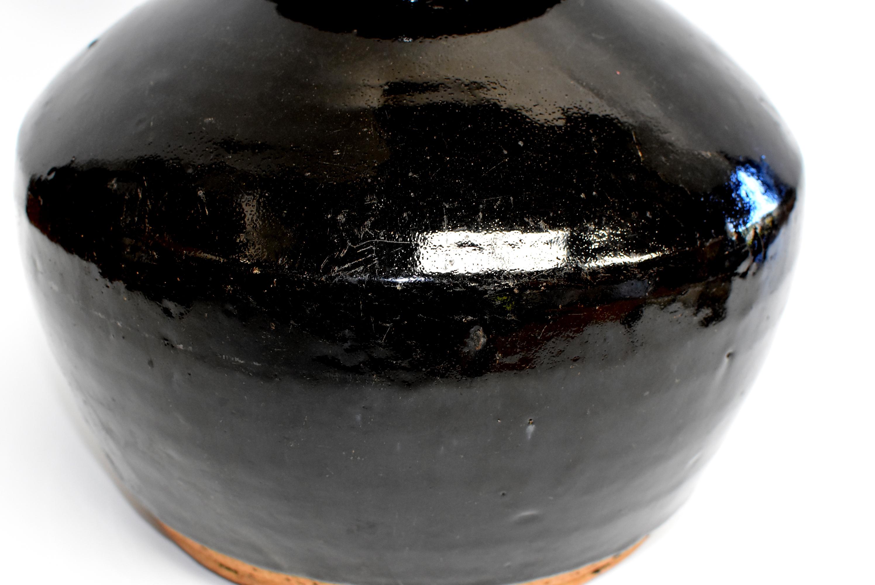 Glazed Large Chinese Antique Black Pottery Jar, Slanted Shoulders