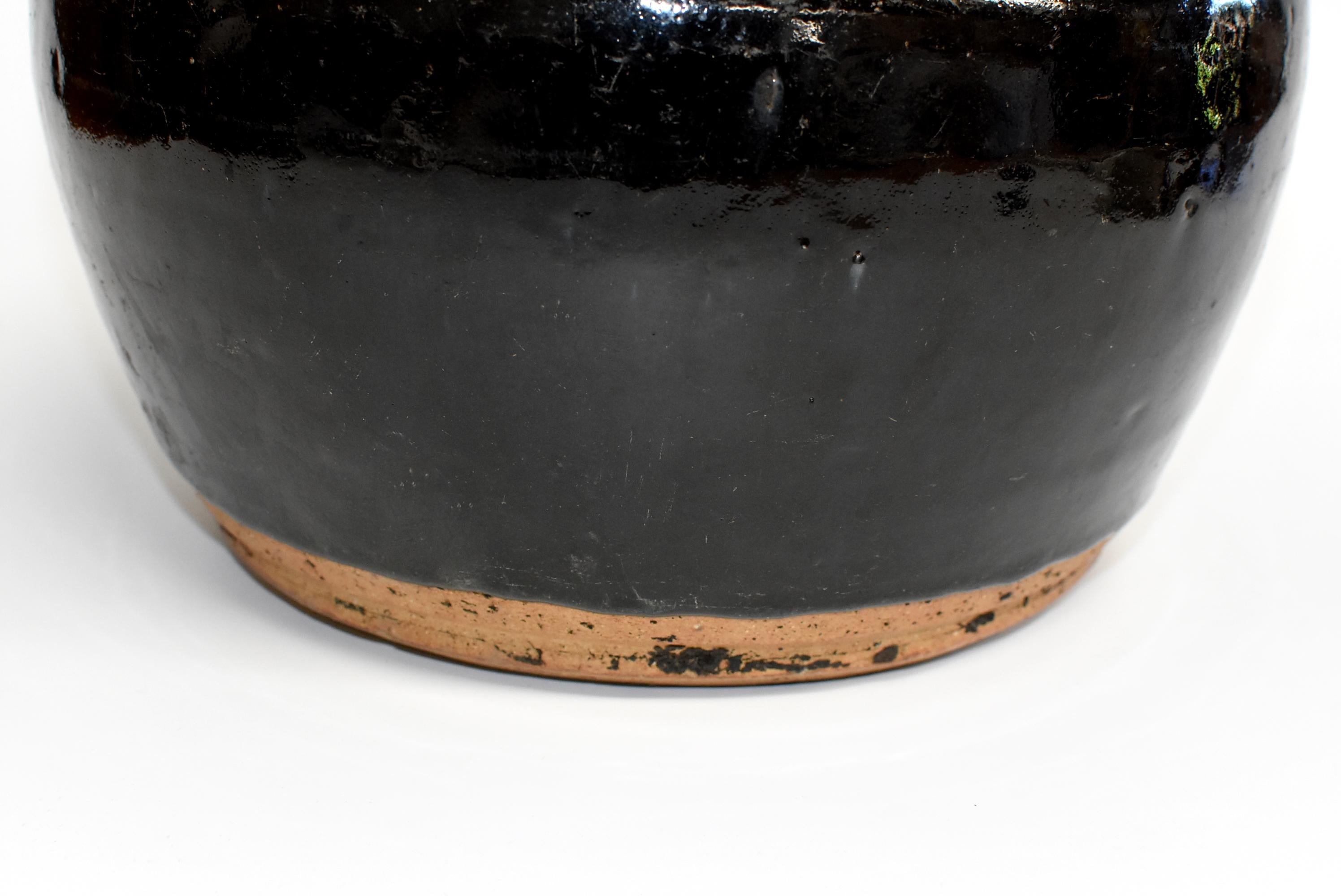 19th Century Large Chinese Antique Black Pottery Jar, Slanted Shoulders