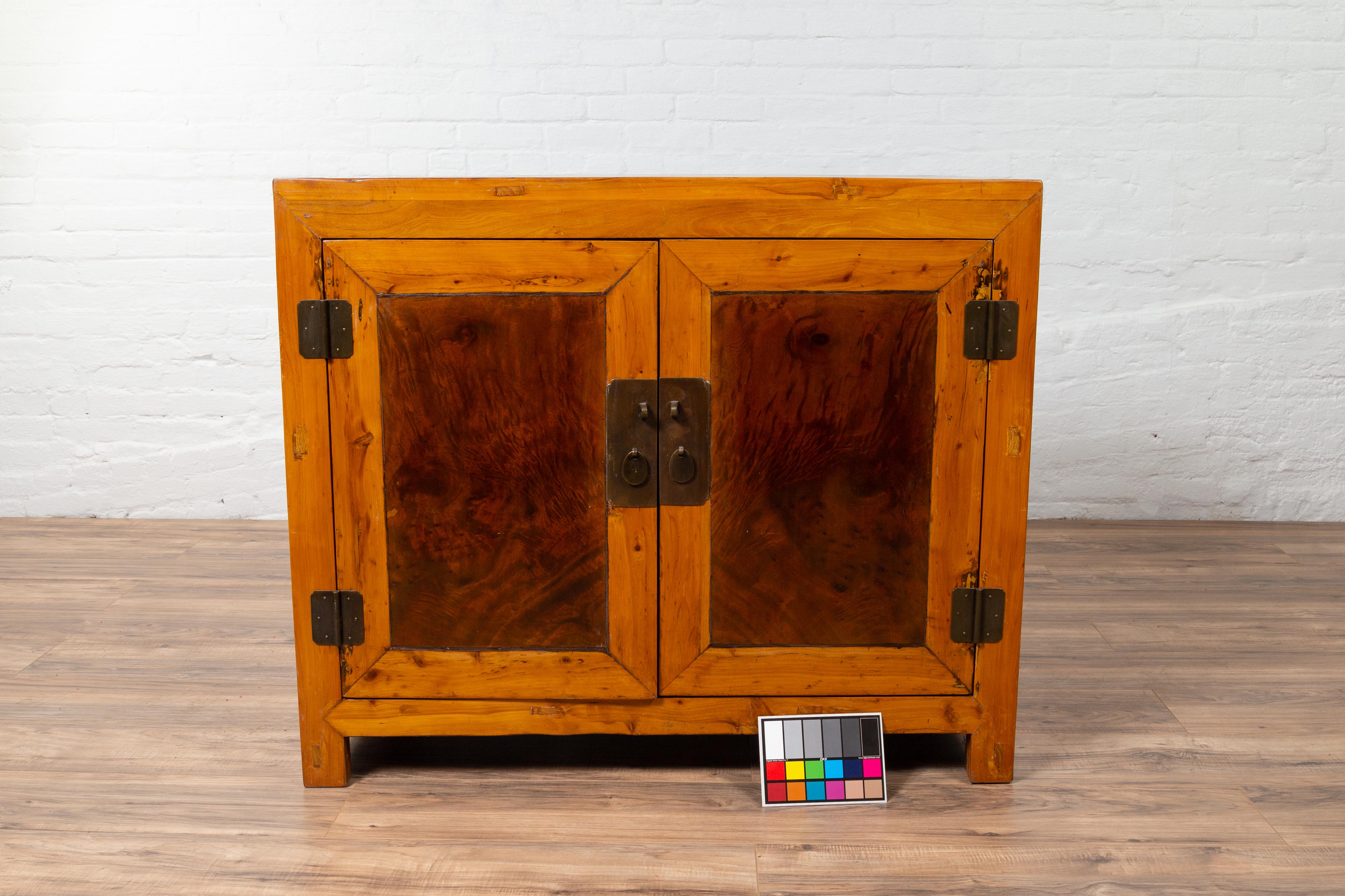 Large Chinese Antique Burl and Elm Wood Two-Toned Patina Cabinet with Doors For Sale 11