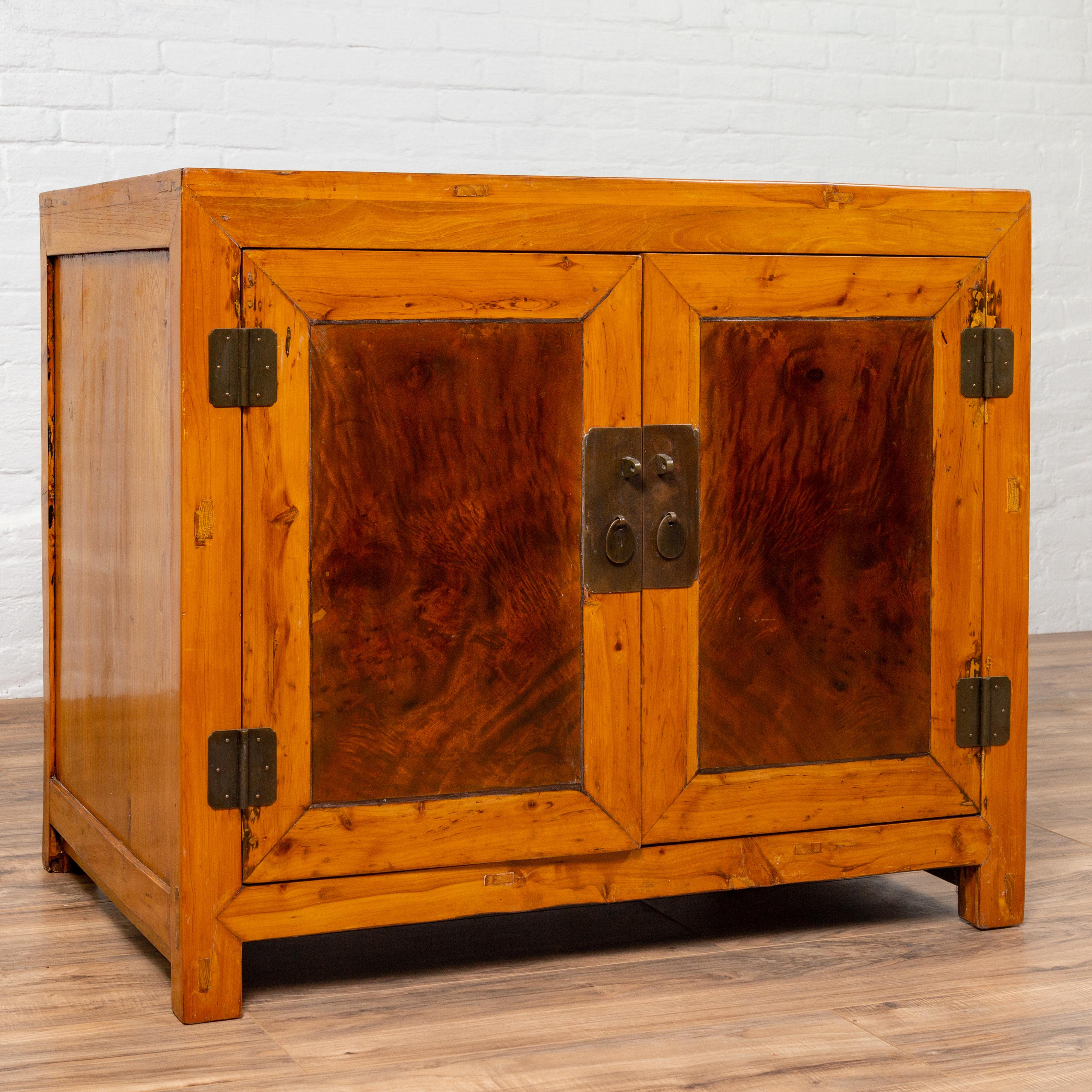 Large Chinese Antique Burl and Elm Wood Two-Toned Patina Cabinet with Doors In Good Condition For Sale In Yonkers, NY