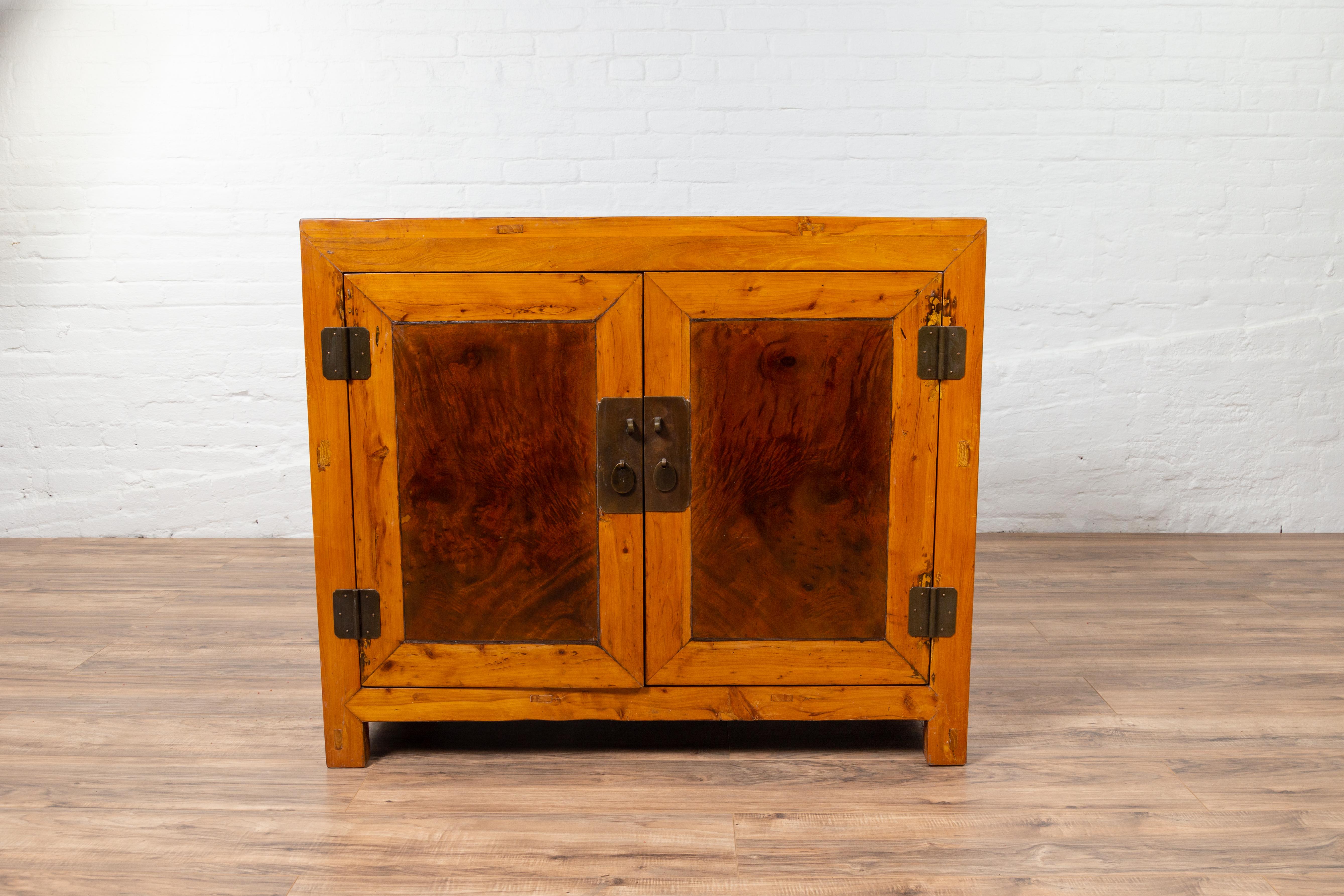 20th Century Large Chinese Antique Burl and Elm Wood Two-Toned Patina Cabinet with Doors For Sale