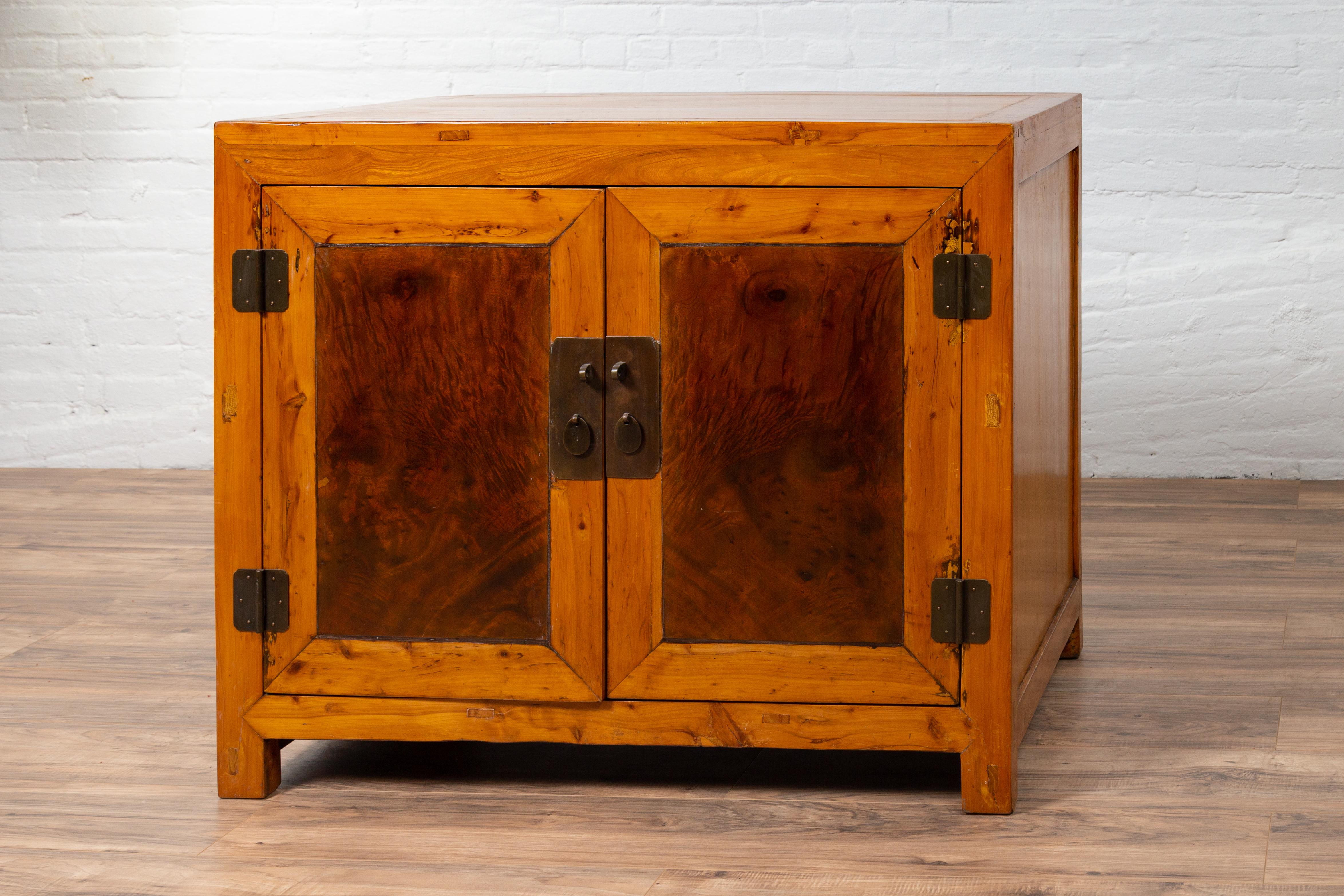 Large Chinese Antique Burl and Elm Wood Two-Toned Patina Cabinet with Doors For Sale 1