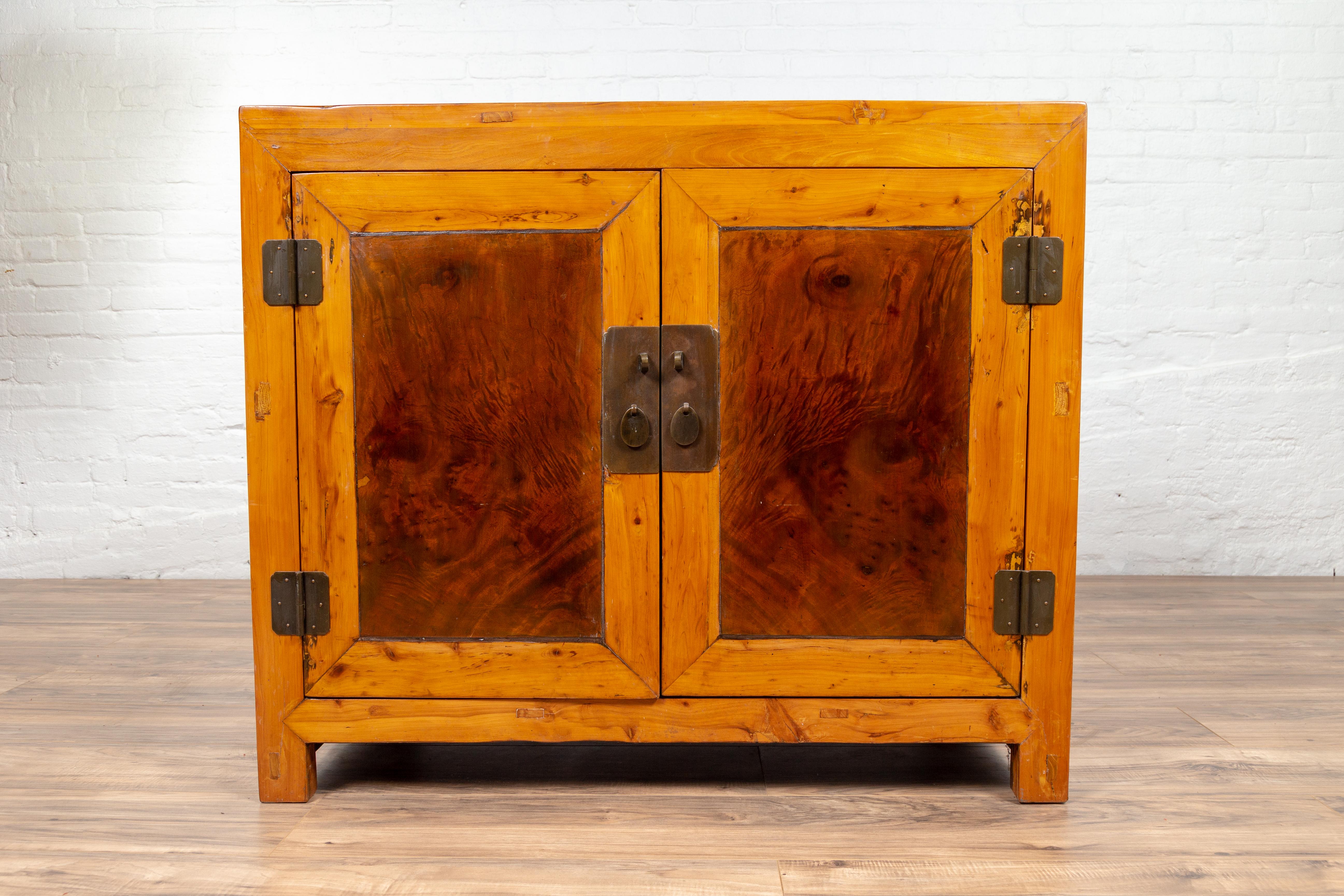 Large Chinese Antique Burl and Elm Wood Two-Toned Patina Cabinet with Doors For Sale 4