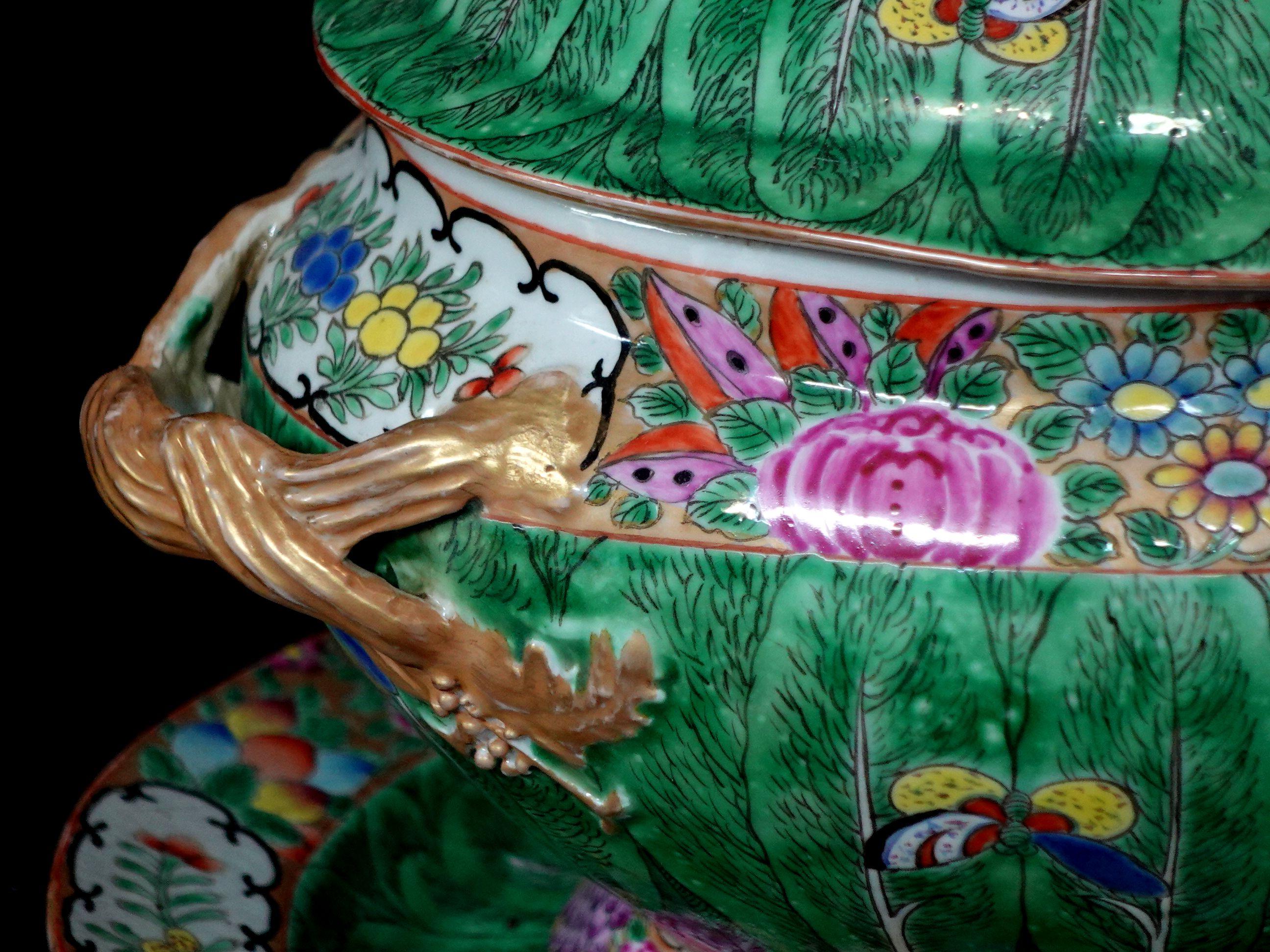 Large Chinese Antique Famille Cabbage Leaf Porcelain Tureen & Platter, Ric 060 2