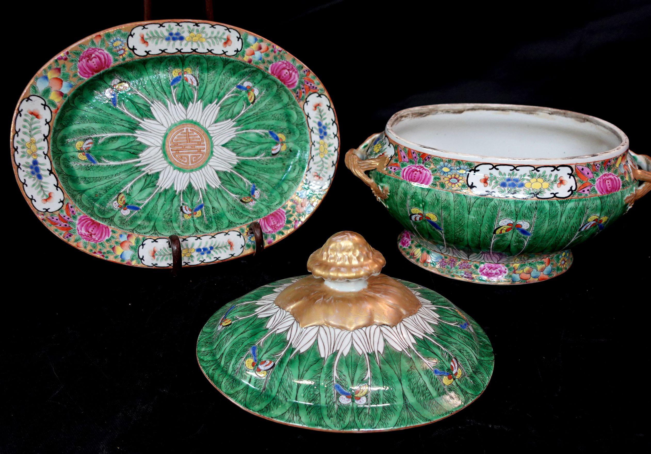 Large Chinese Antique Famille Cabbage Leaf Porcelain Tureen & Platter, Ric 060 4