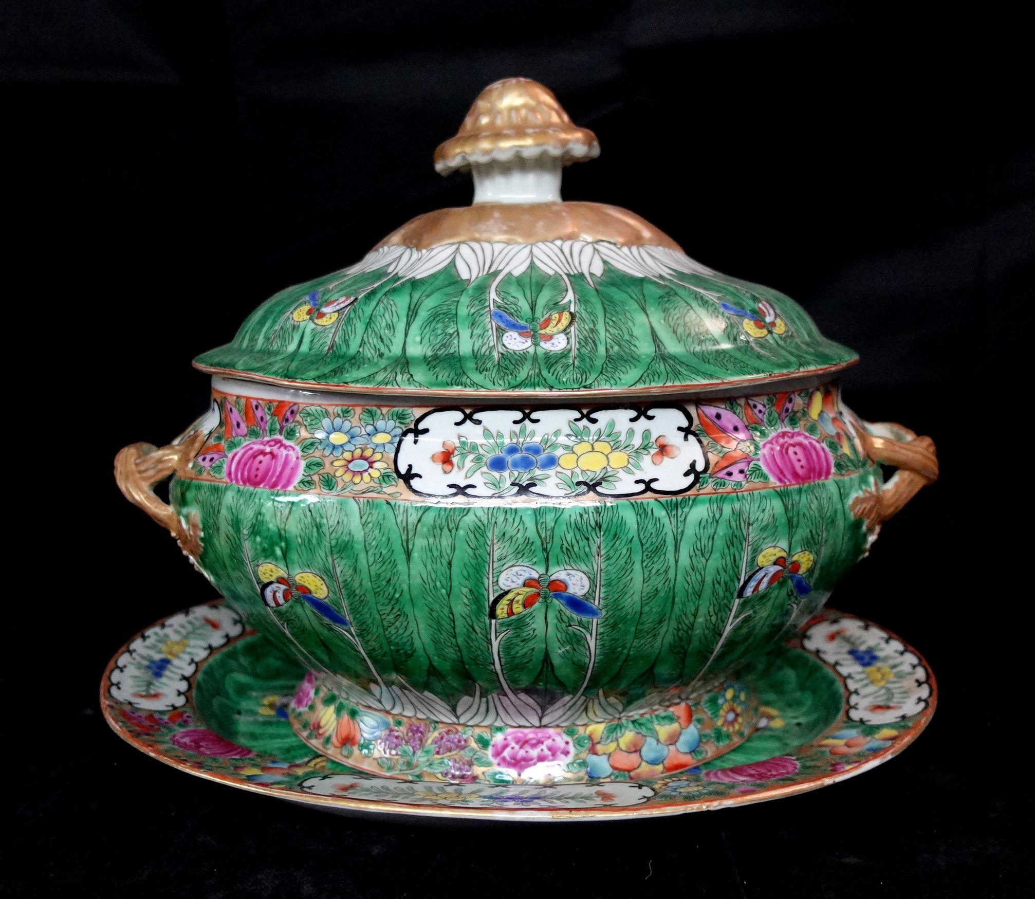 Large Chinese Antique Famille Cabbage leaf porcelain tureen & platter with a complicated design of many objects composed a unique and beautiful art, The main subject is the Cabbage Leafe with many butterflies painted on the middle portion and
