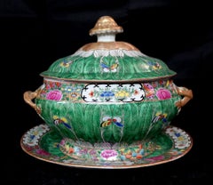 Große chinesische antike Famille Cabbage-Blatt-Porzellanterrine und Teller, Ric 060