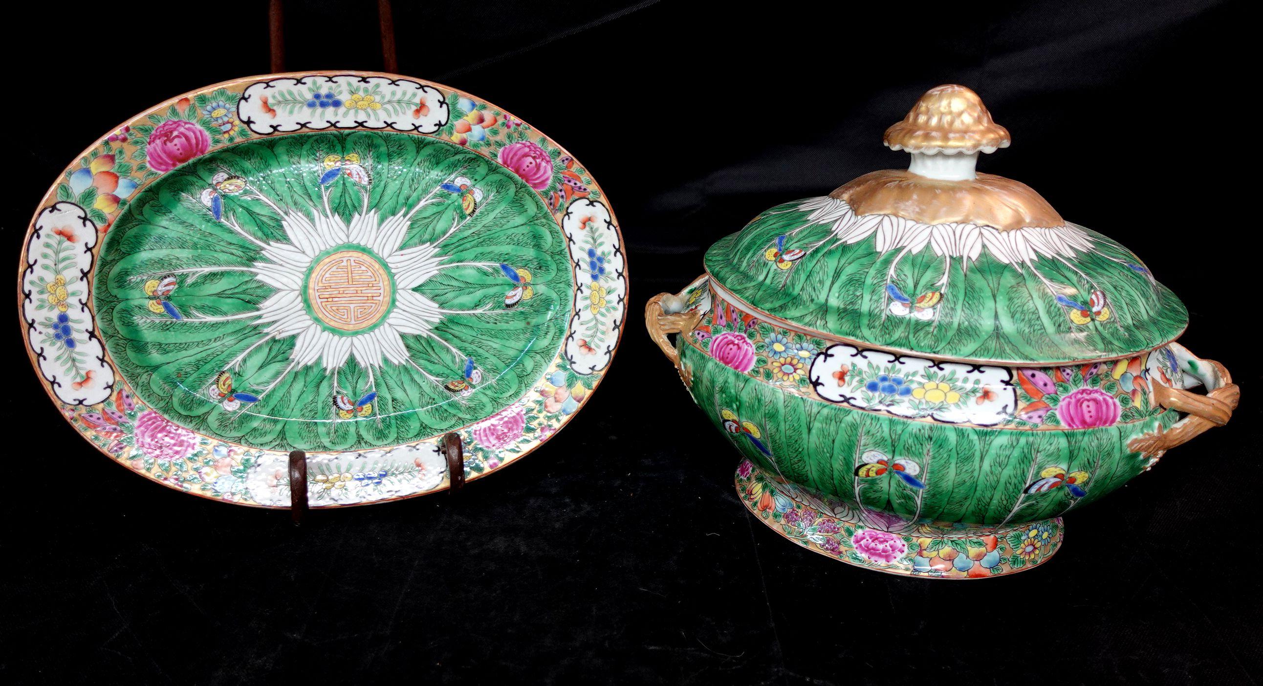 Large Chinese Antique Famille Cabbage Leaf Porcelain Tureen & Platter, Ric 060 12