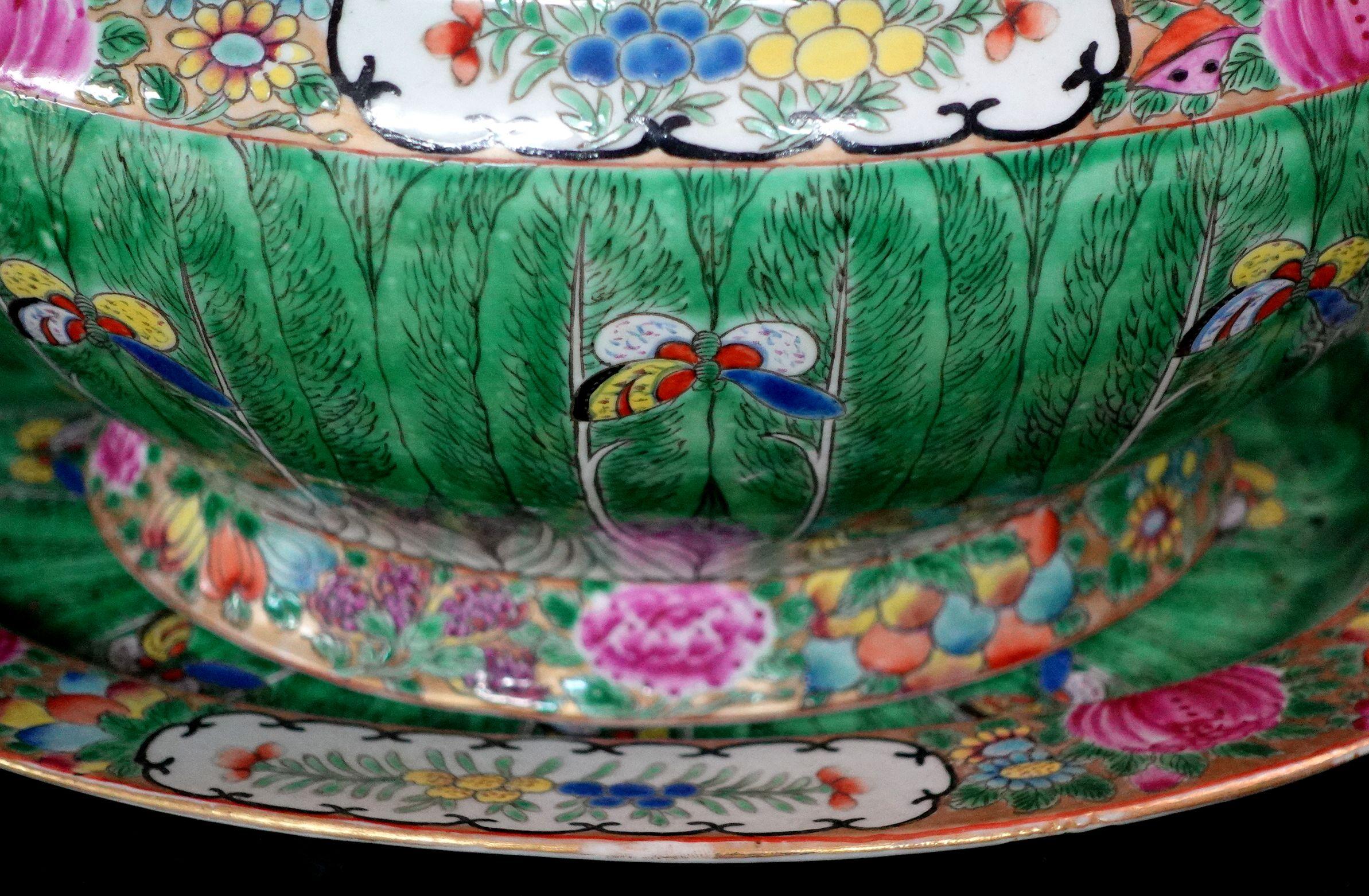Hand-Painted Large Chinese Antique Famille Cabbage Leaf Porcelain Tureen & Platter, Ric 060